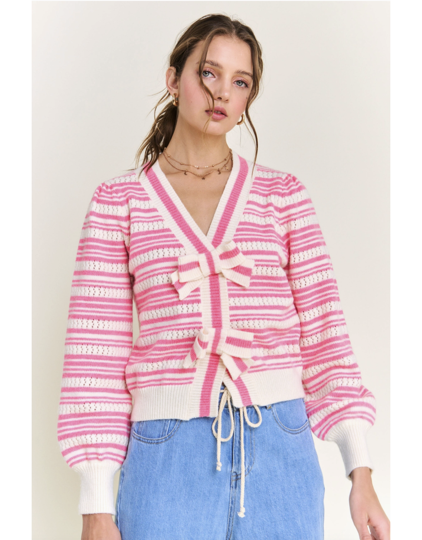 IN THE BEGINNING STRIPED CARDIGAN W/ BOW DETAIL