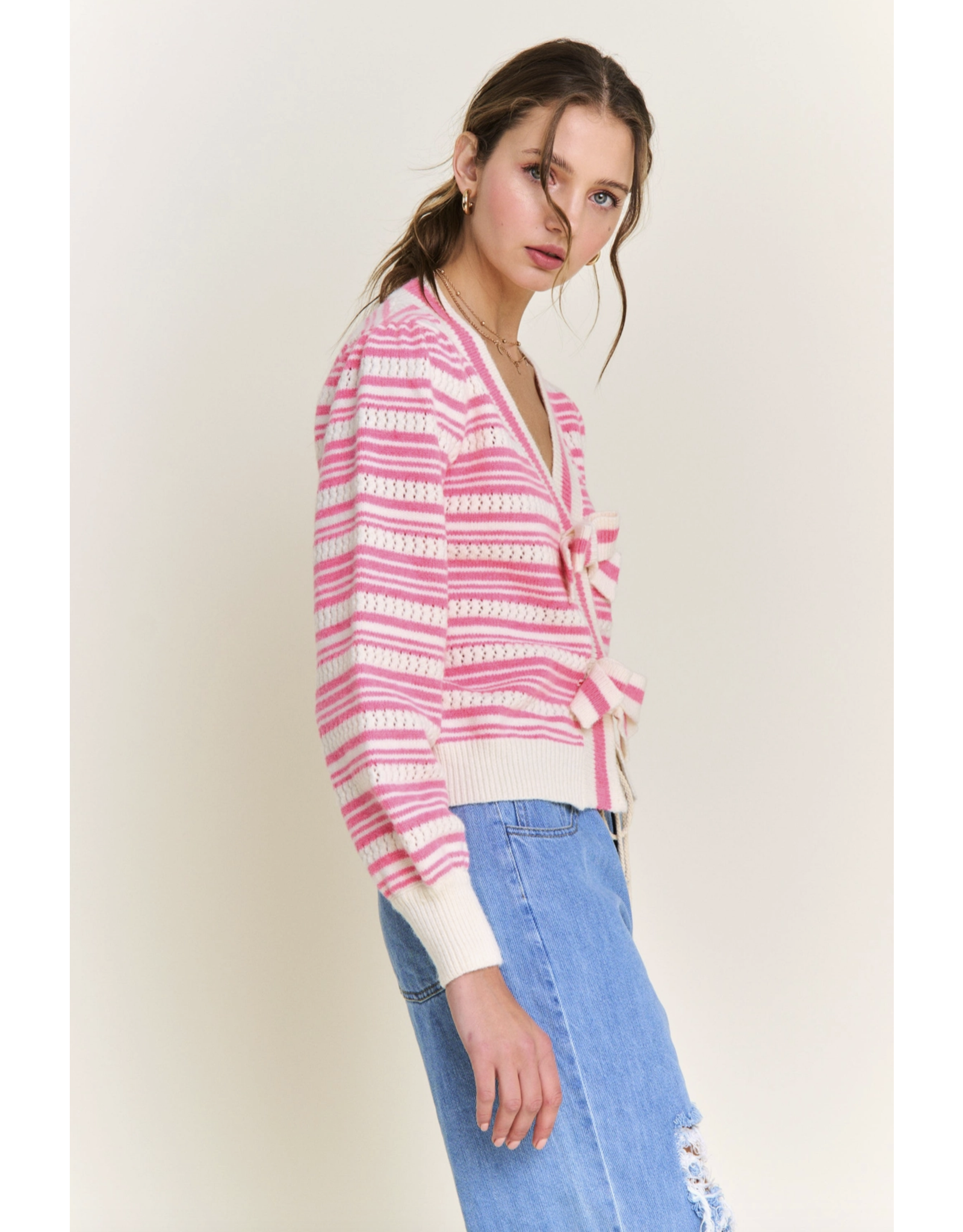 IN THE BEGINNING STRIPED CARDIGAN W/ BOW DETAIL