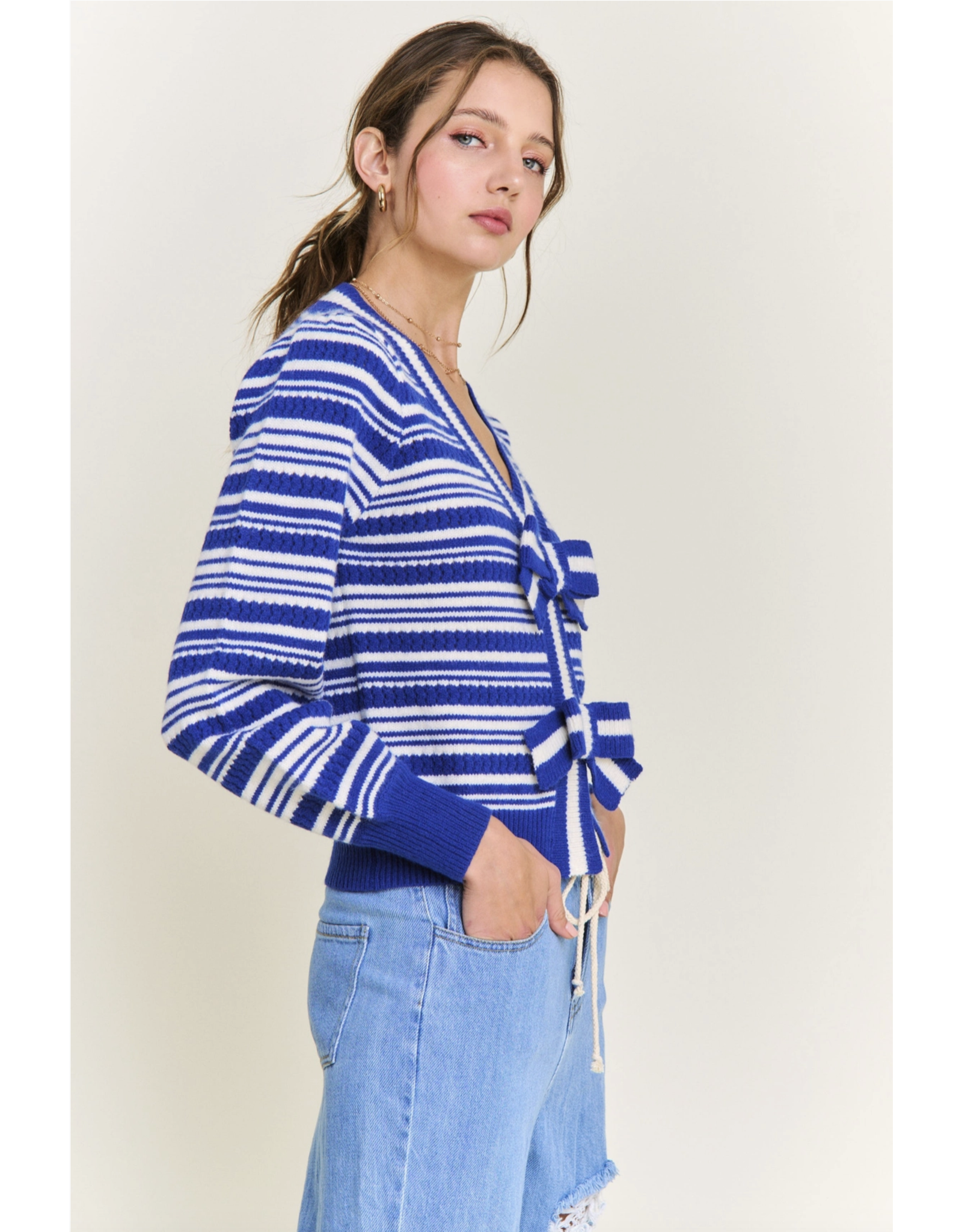 IN THE BEGINNING STRIPED CARDIGAN W/ BOW DETAIL