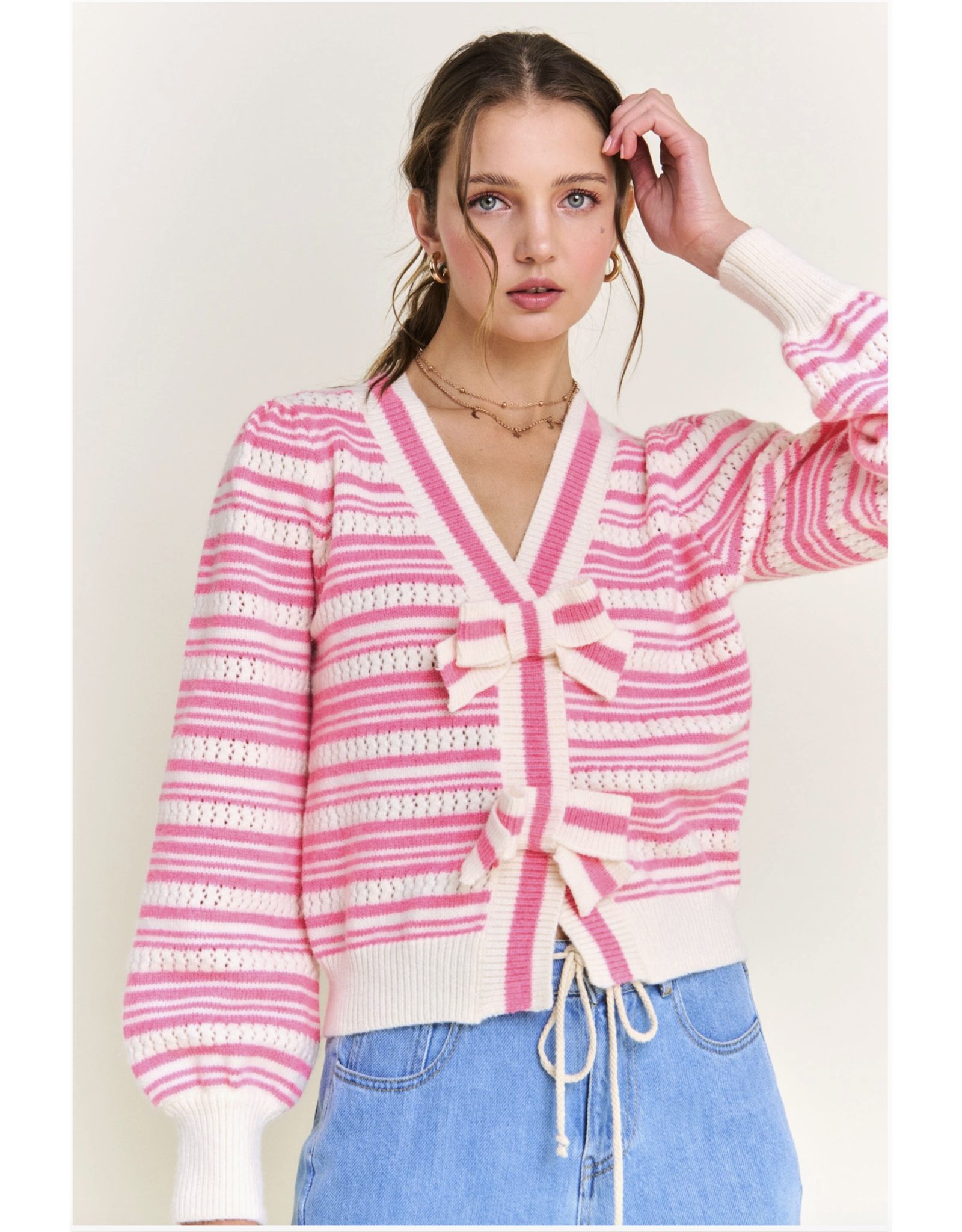 IN THE BEGINNING STRIPED CARDIGAN W/ BOW DETAIL