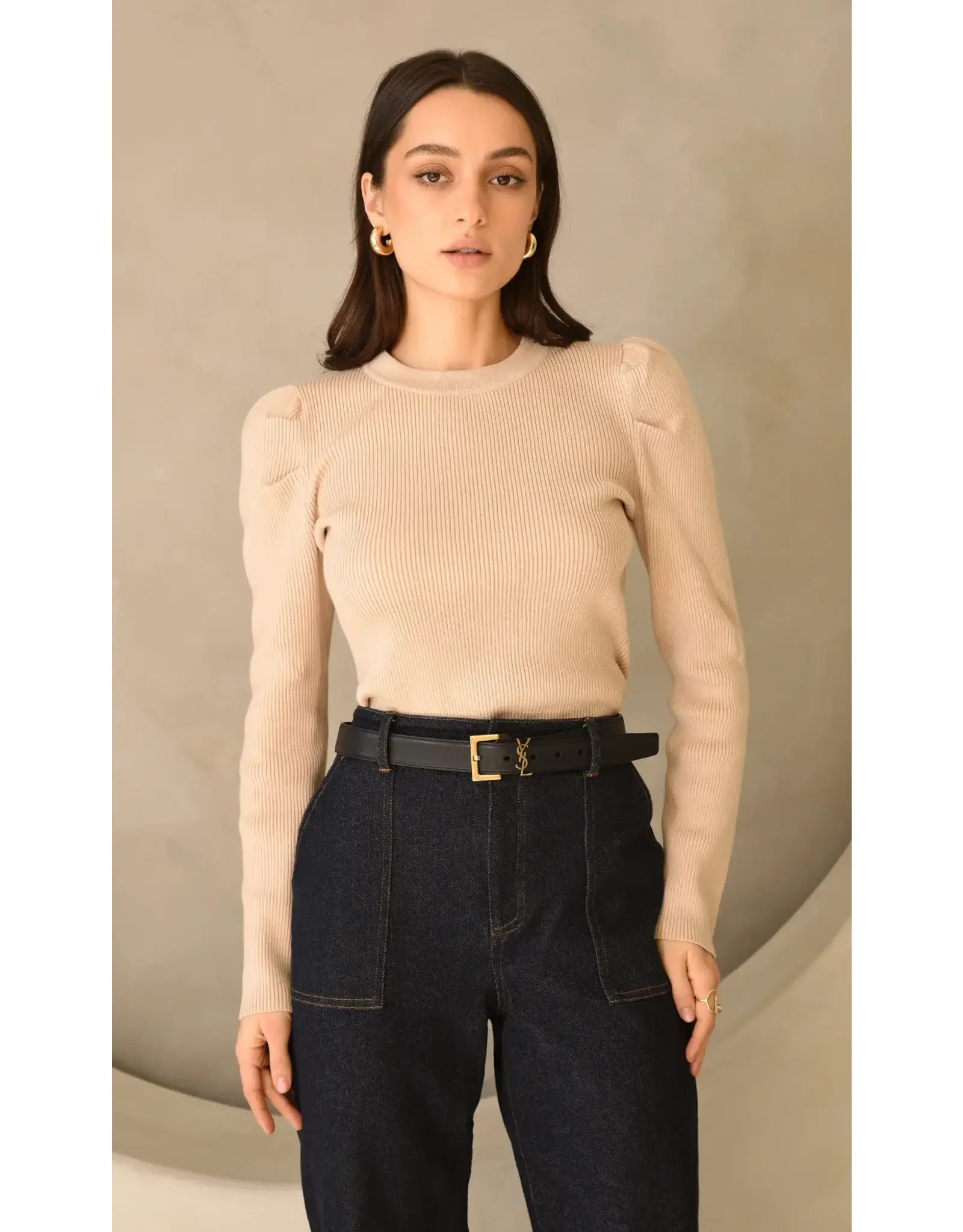 PUFF SLEEVE KNIT RIBBED TOP