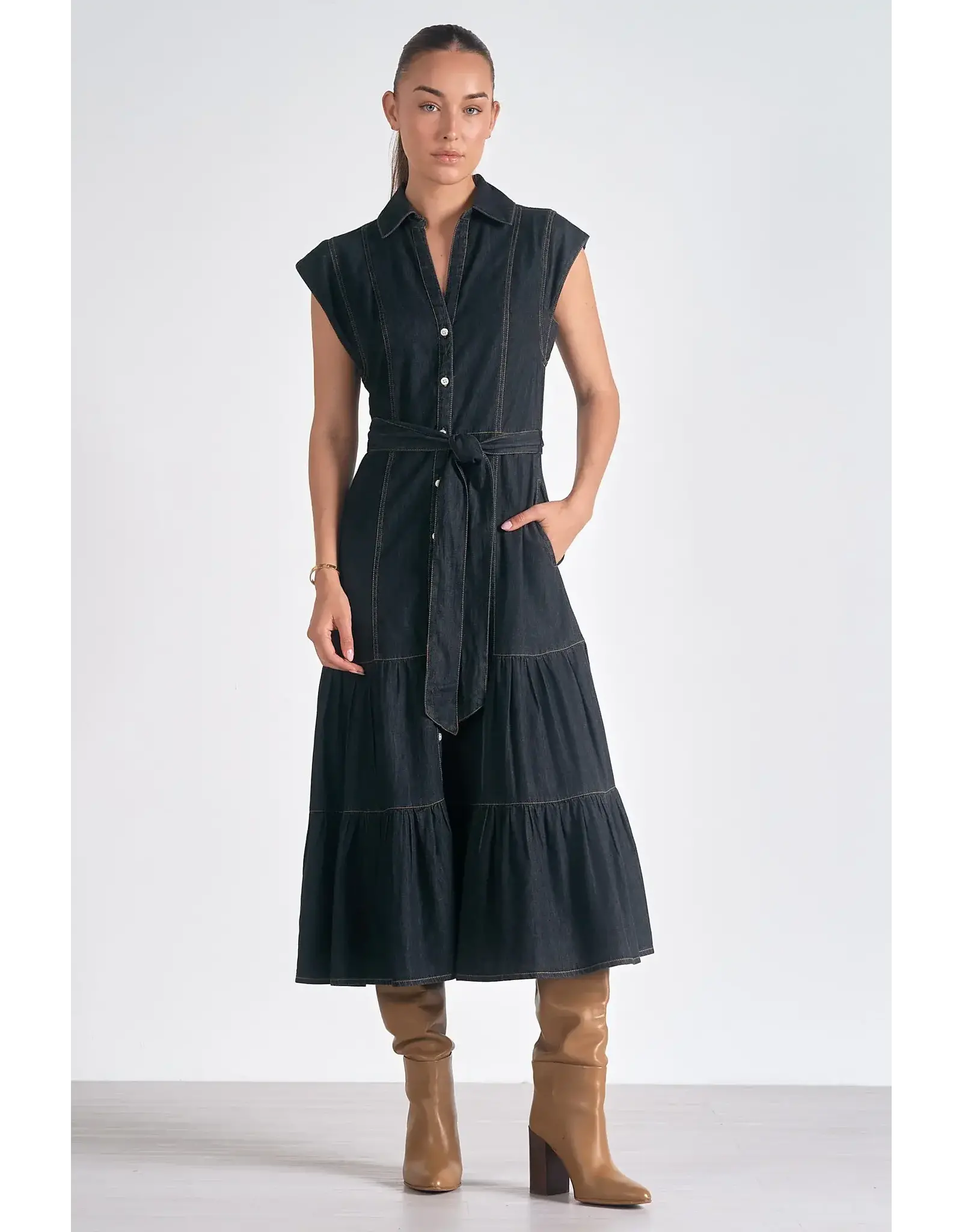 MIDI CAP SLEEVE DENIM DRESS Elle Gray