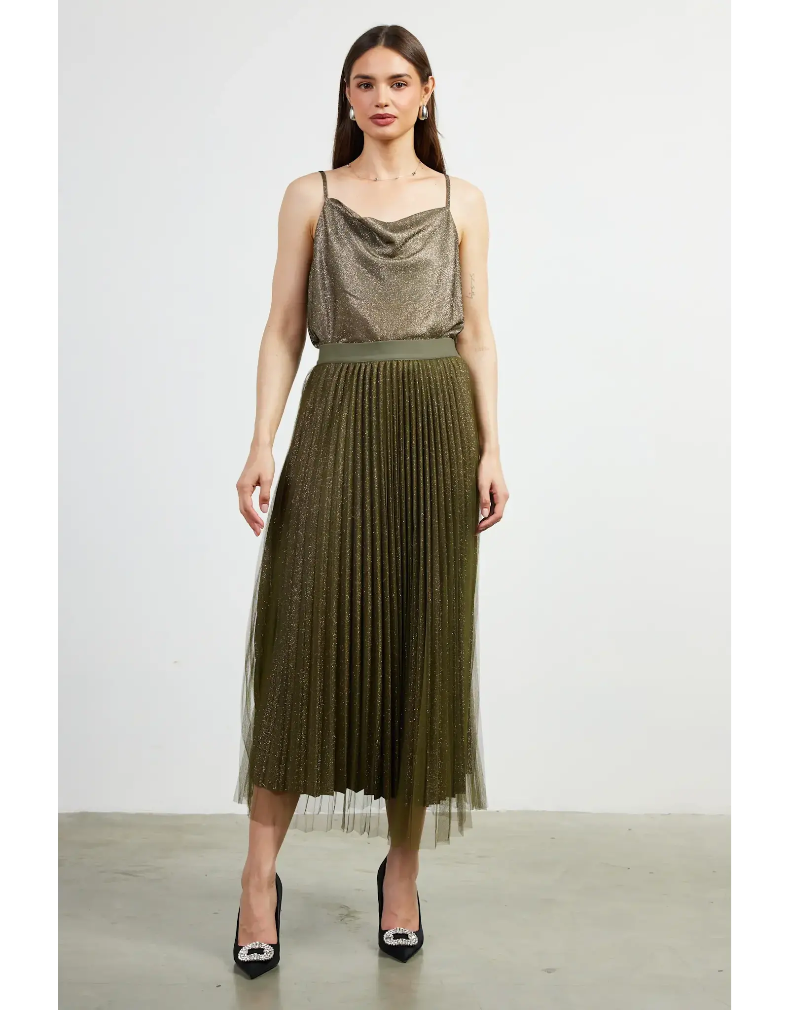 PLEATED TULLE MIDI SKIRT
