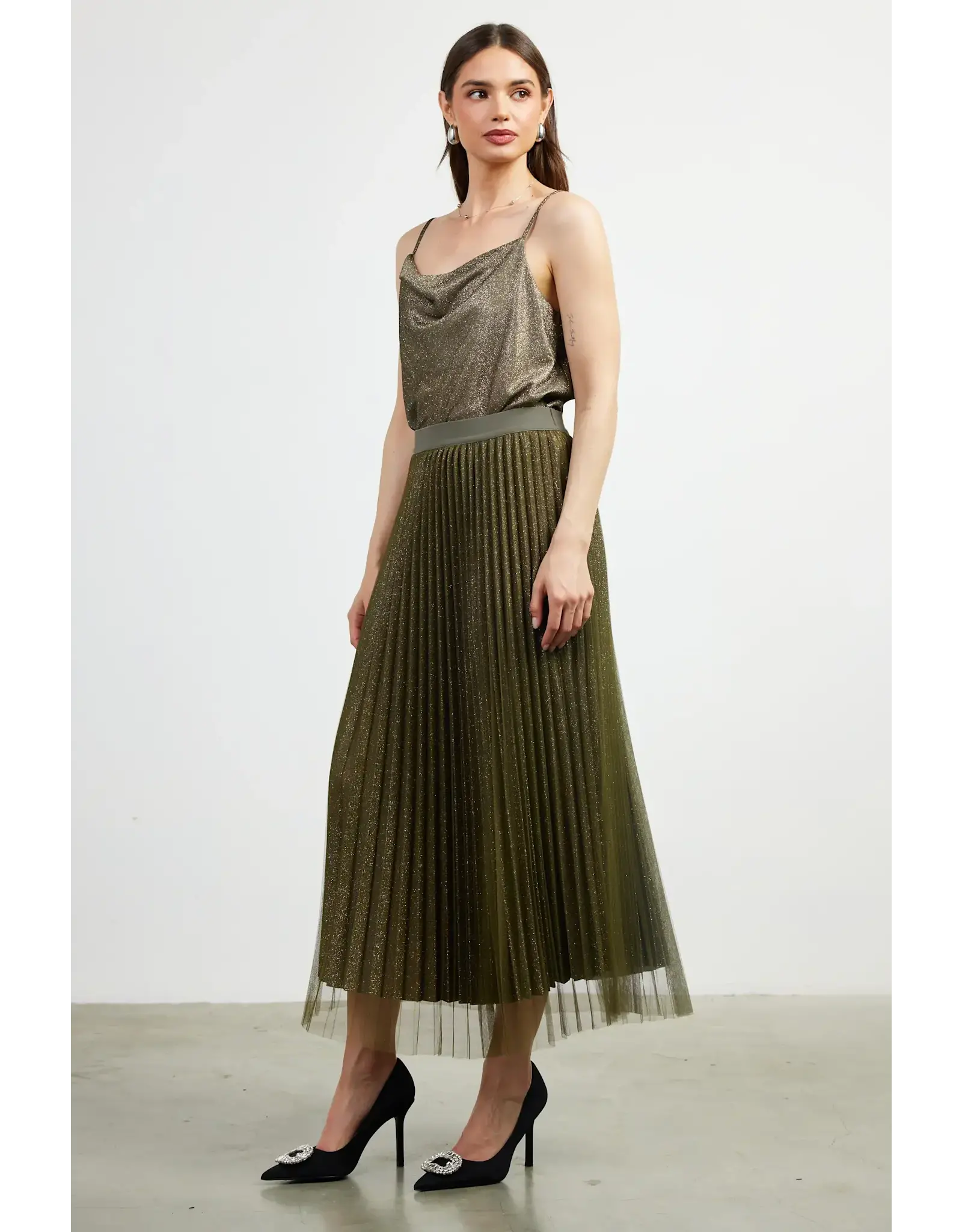 PLEATED TULLE MIDI SKIRT