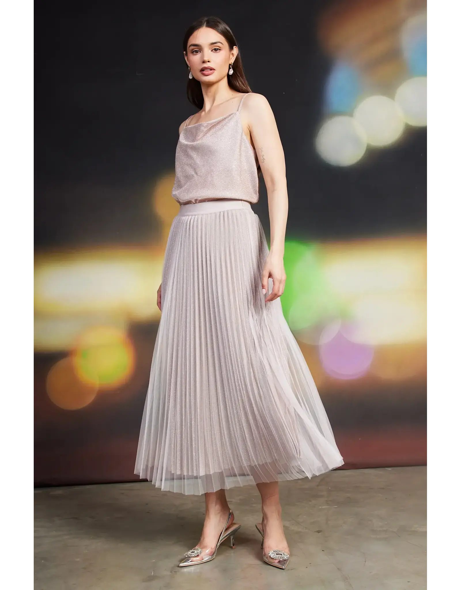 PLEATED TULLE MIDI SKIRT