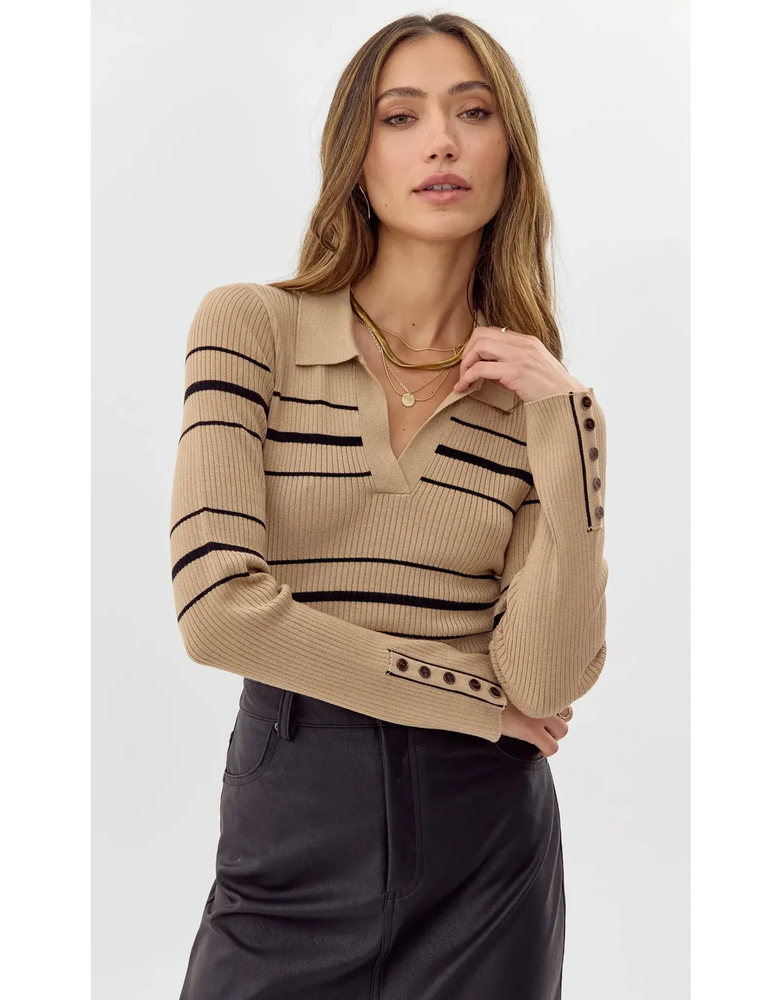 VNECK RIBBED STRIPE KNIT TOP
