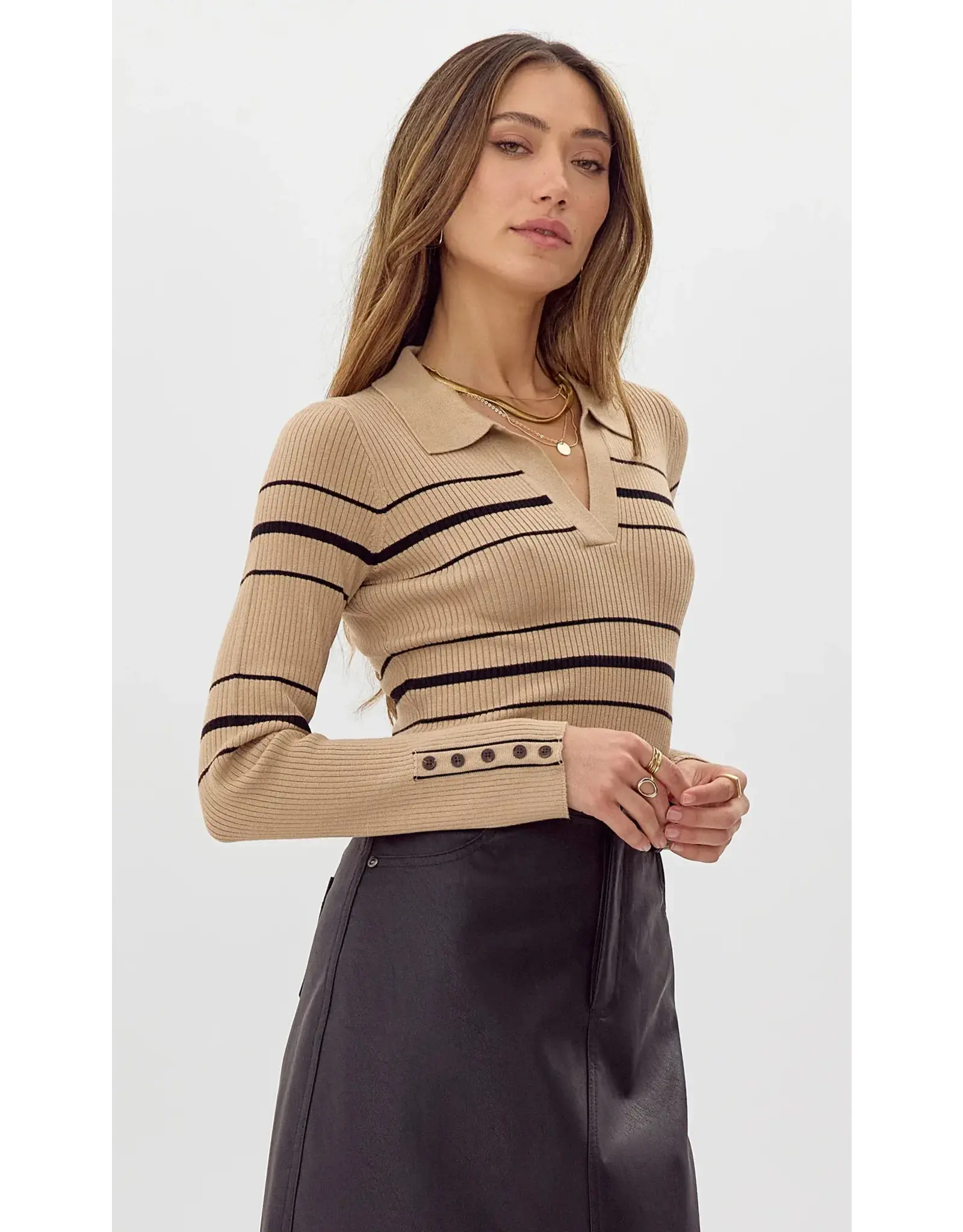 VNECK RIBBED STRIPE KNIT TOP