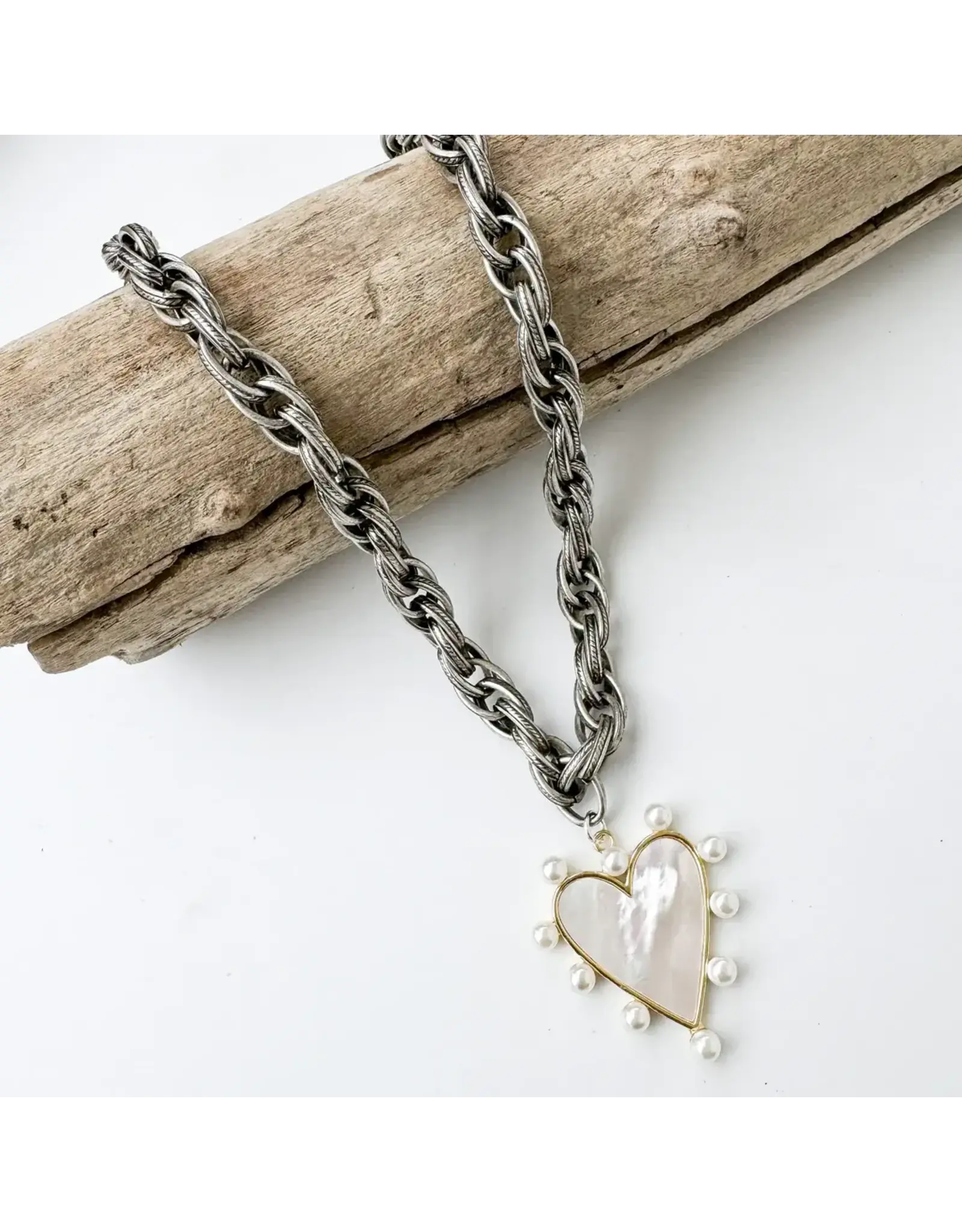 VIRTUE Pearl Studded Heart on Twisted Chain, Silver/MOP