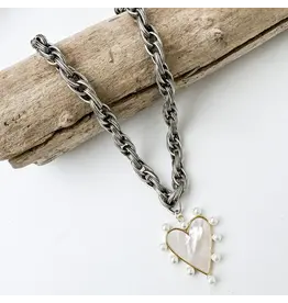 VIRTUE Pearl Studded Heart on Twisted Chain, Silver/MOP