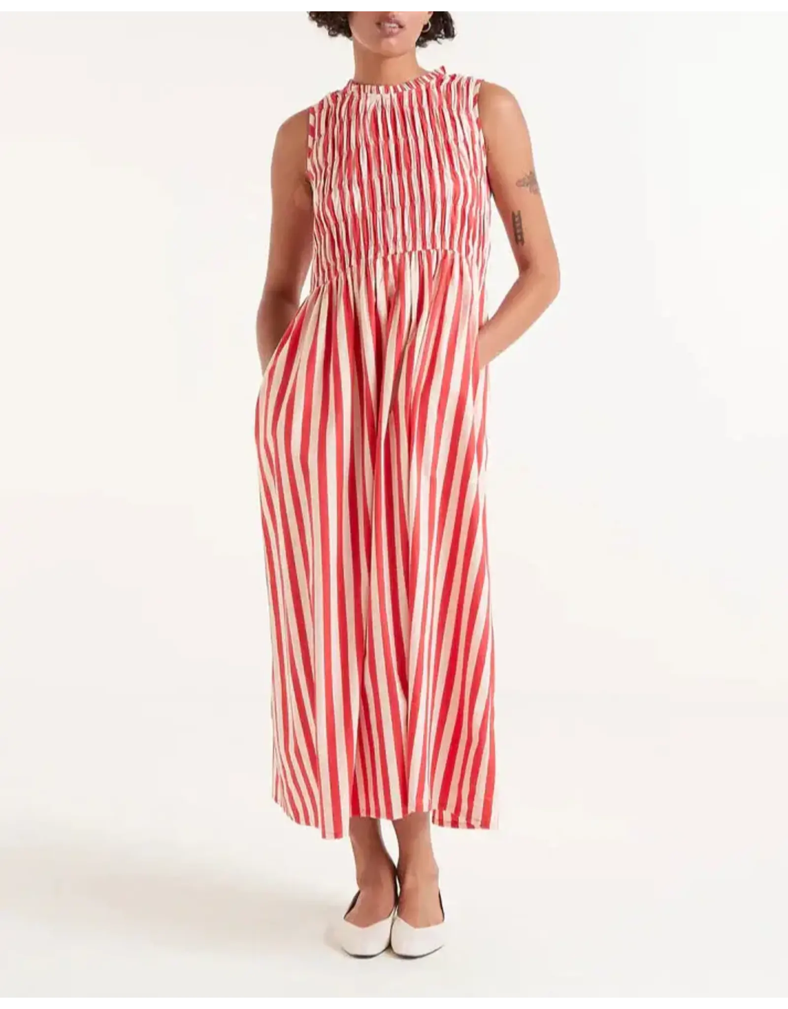 SLVLESS SMOCKED BODICE STRIPED MIDI