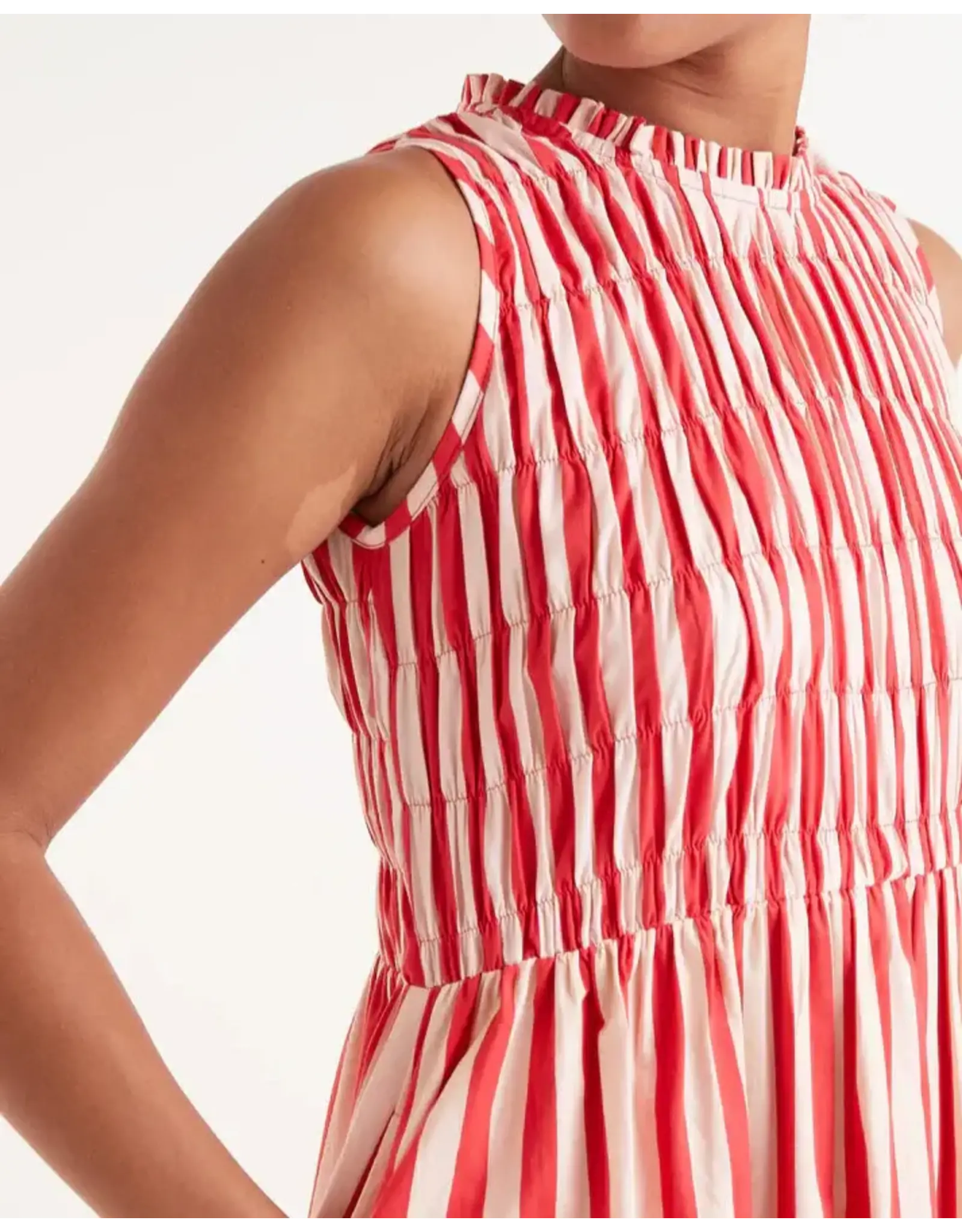 SLVLESS SMOCKED BODICE STRIPED MIDI