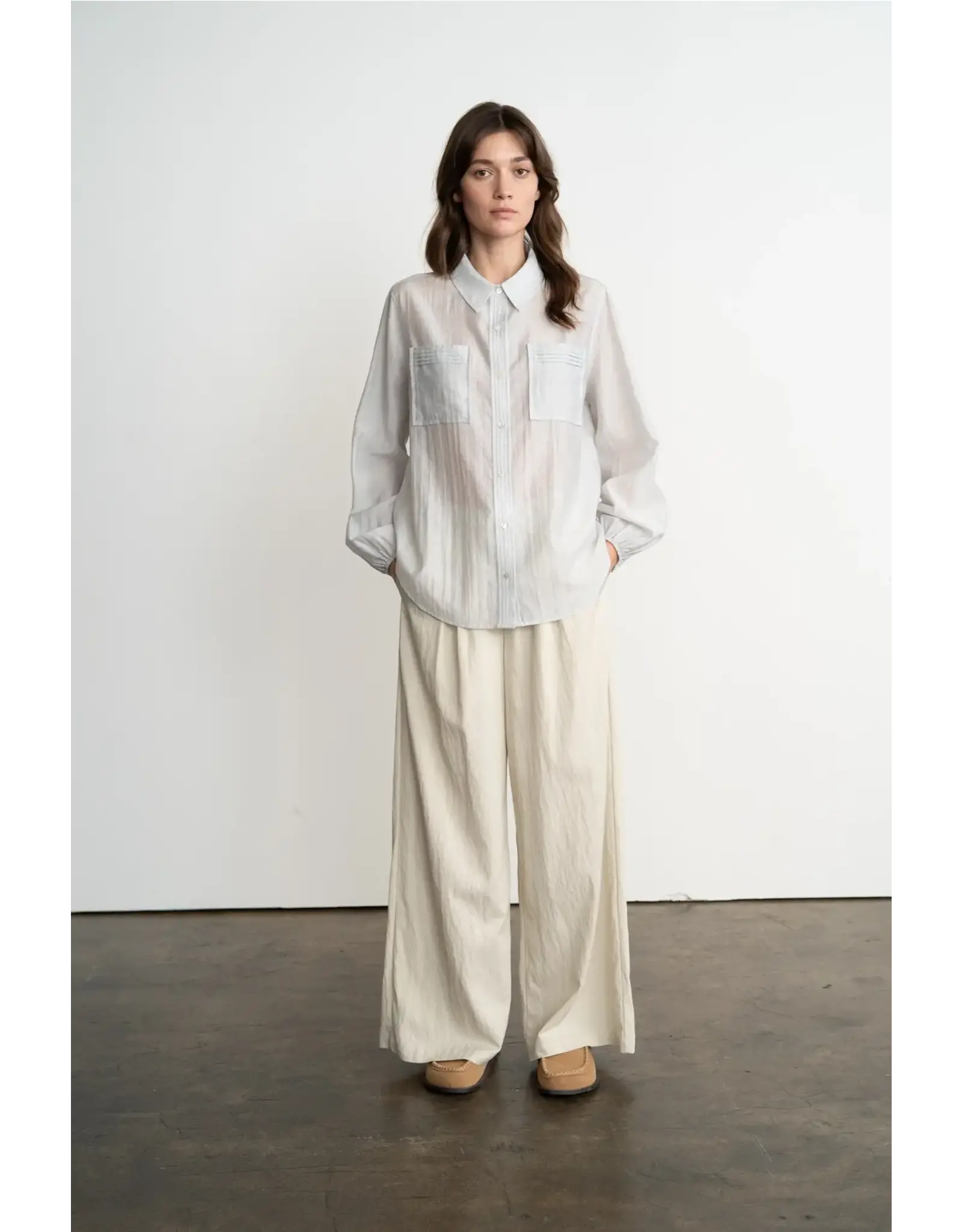 ELLE GRAY SEMI SHEER BUTTON DOWN SHIRT