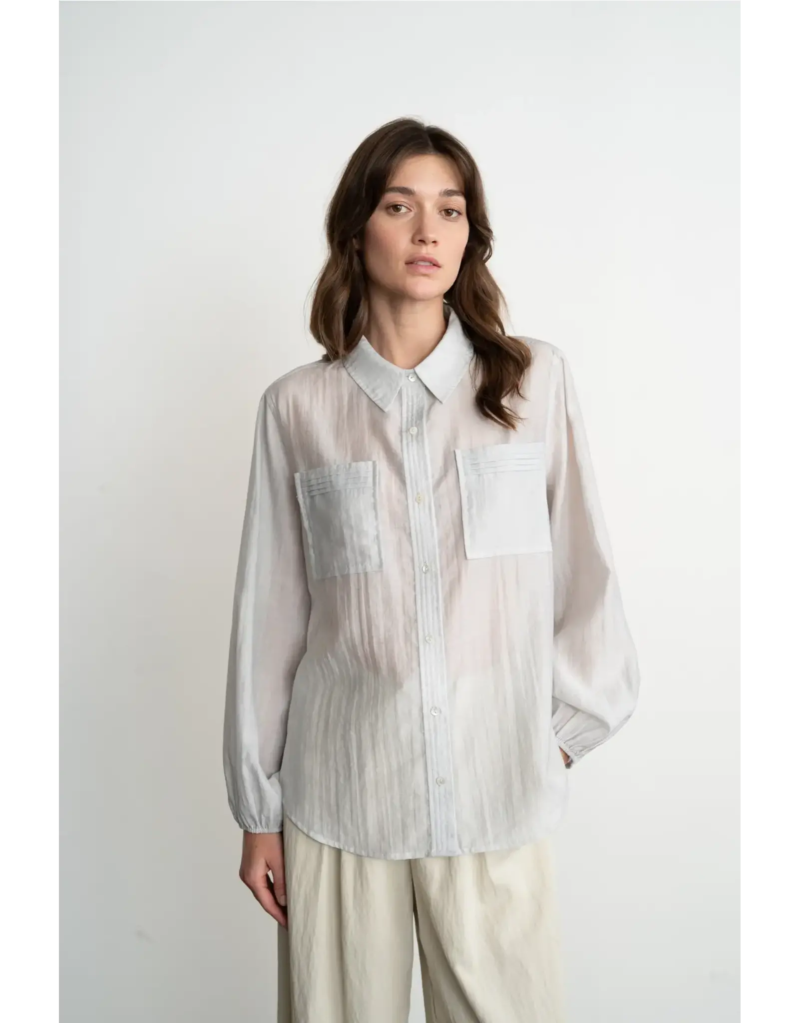 ELLE GRAY SEMI SHEER BUTTON DOWN SHIRT