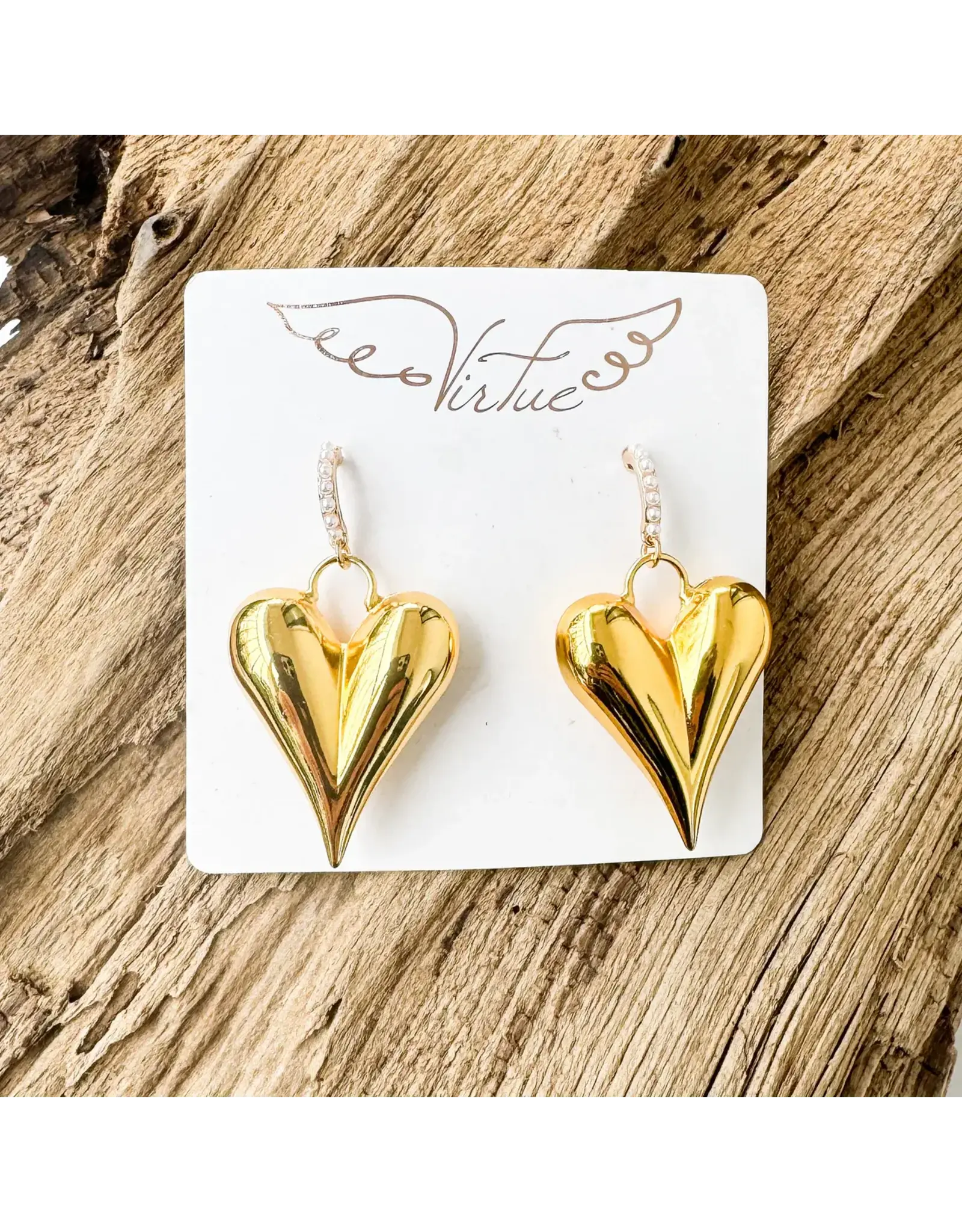 VIRTUE PUFFY HEART W/ PEARL POST EARRING, GOLD