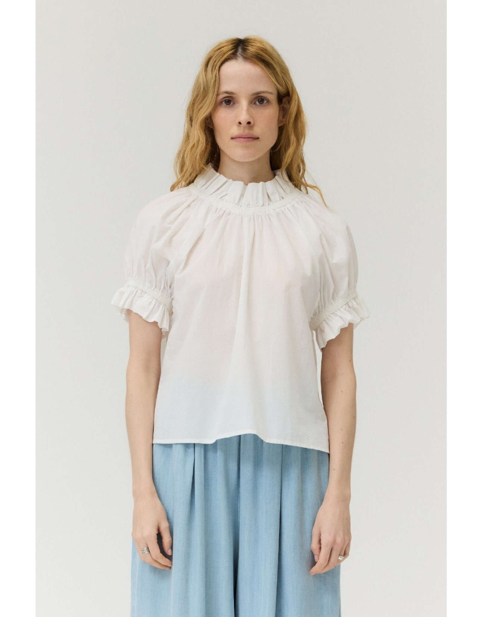 BUBBLE SLEEVE RUFFLE BLOUSE