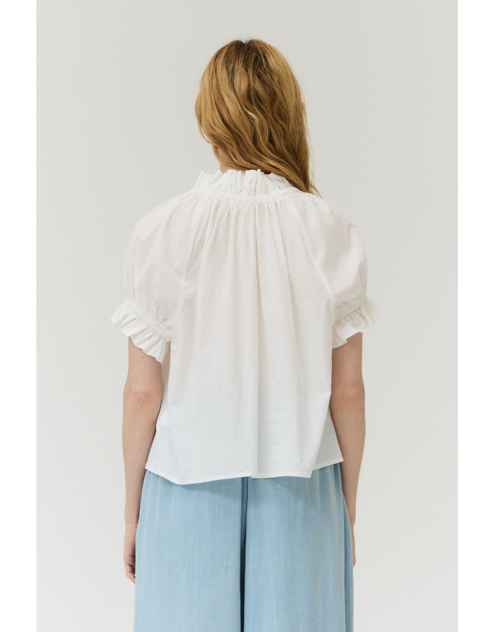 BUBBLE SLEEVE RUFFLE BLOUSE