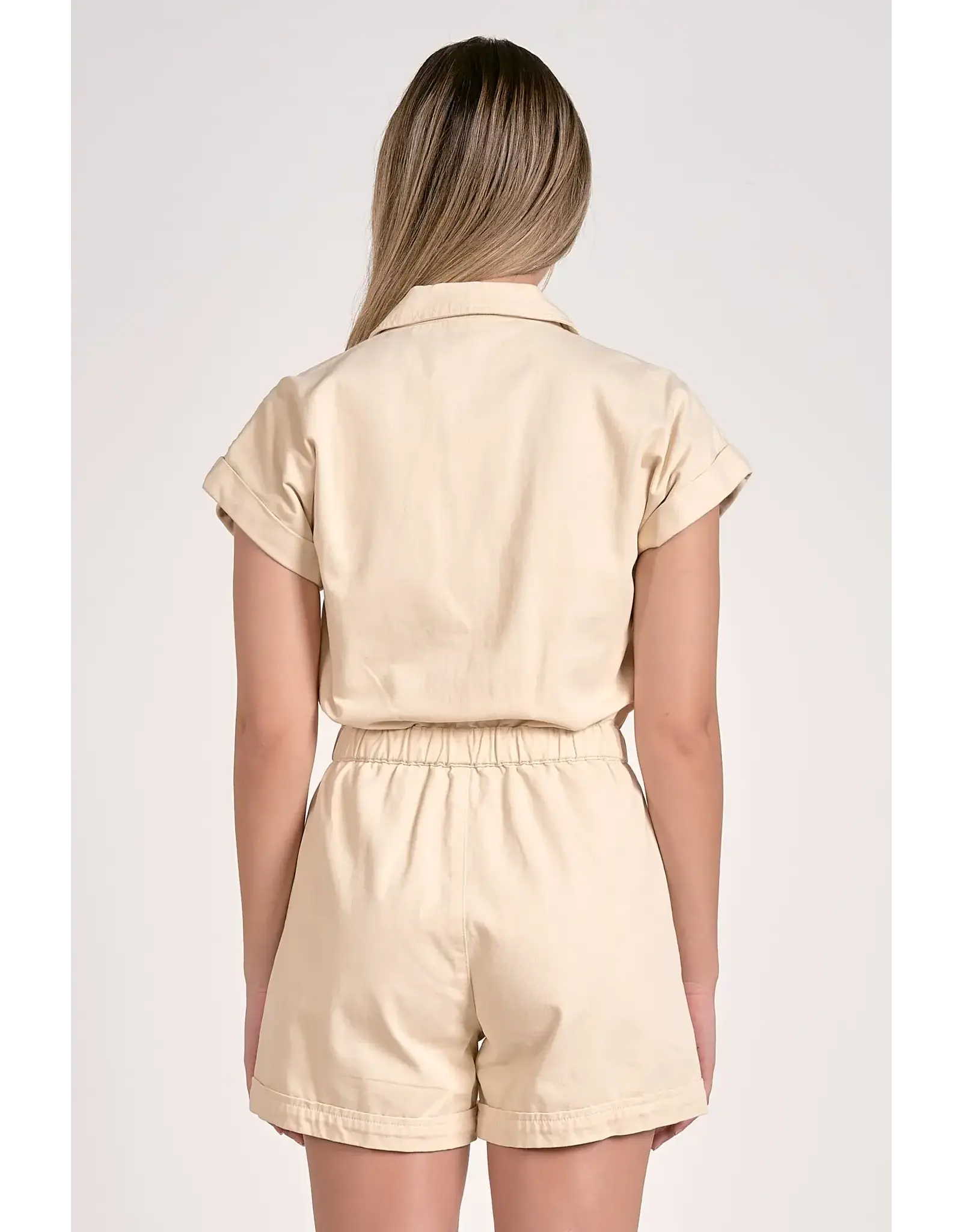 SSLV ZIPPER FRONT ELASTIC WAIST ROMPER