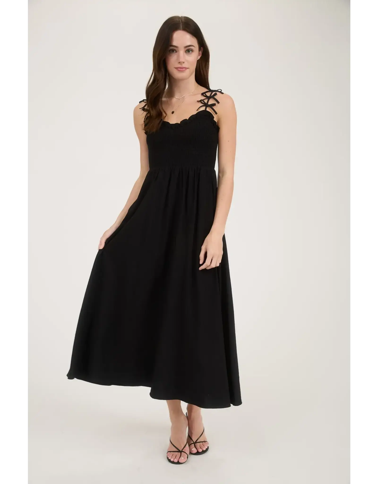 BOW STRAP SMOCKED MIDI DRESS