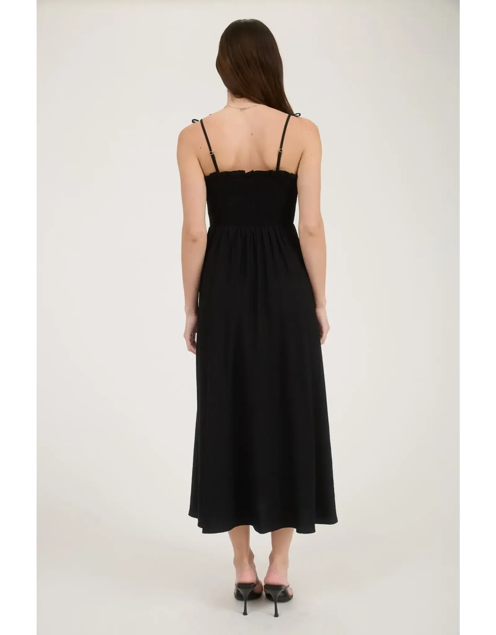 BOW STRAP SMOCKED MIDI DRESS