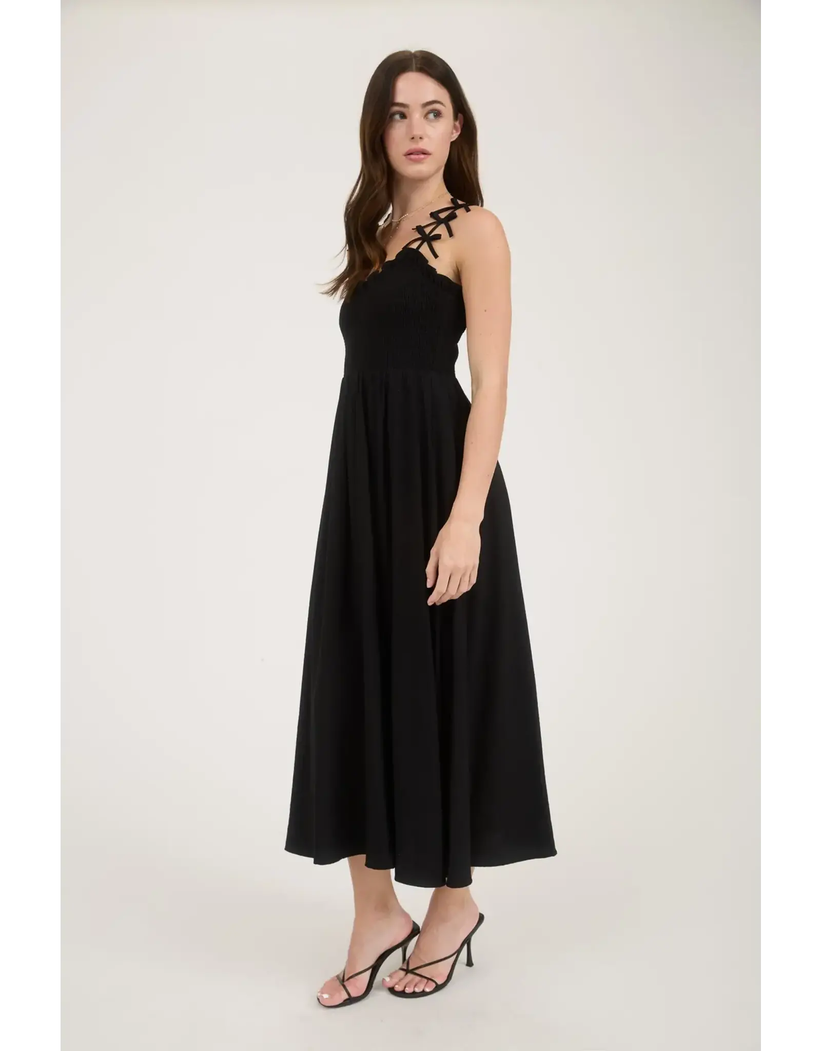 BOW STRAP SMOCKED MIDI DRESS