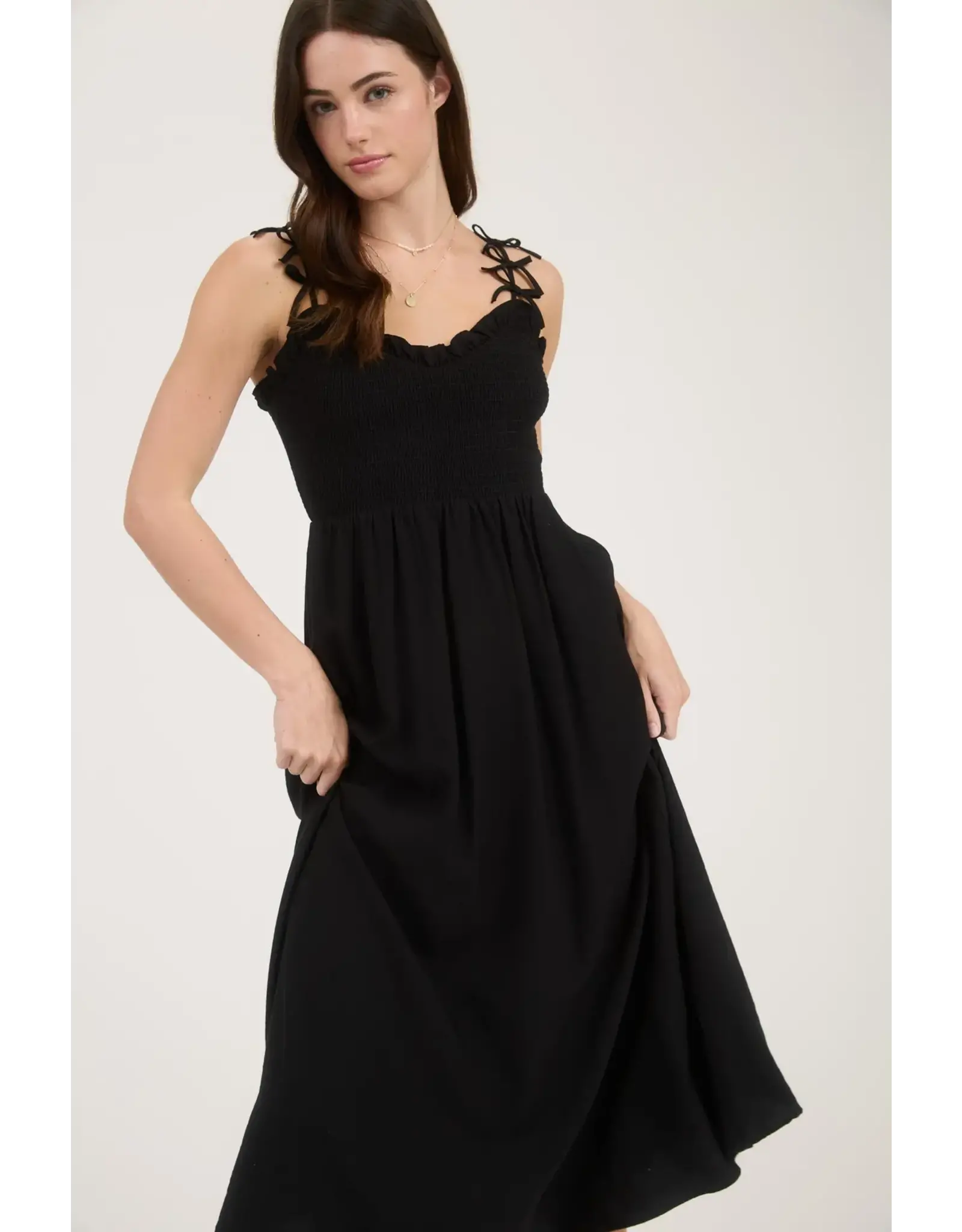 BOW STRAP SMOCKED MIDI DRESS