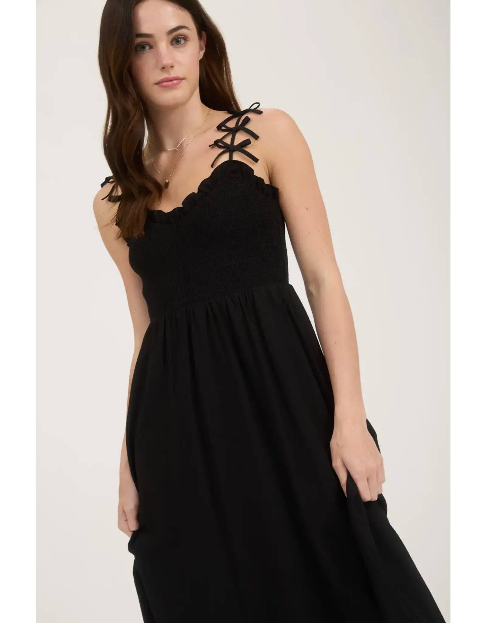 BOW STRAP SMOCKED MIDI DRESS