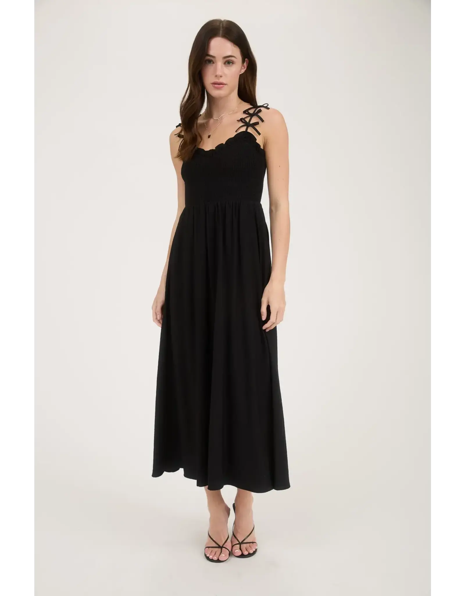 BOW STRAP SMOCKED MIDI DRESS