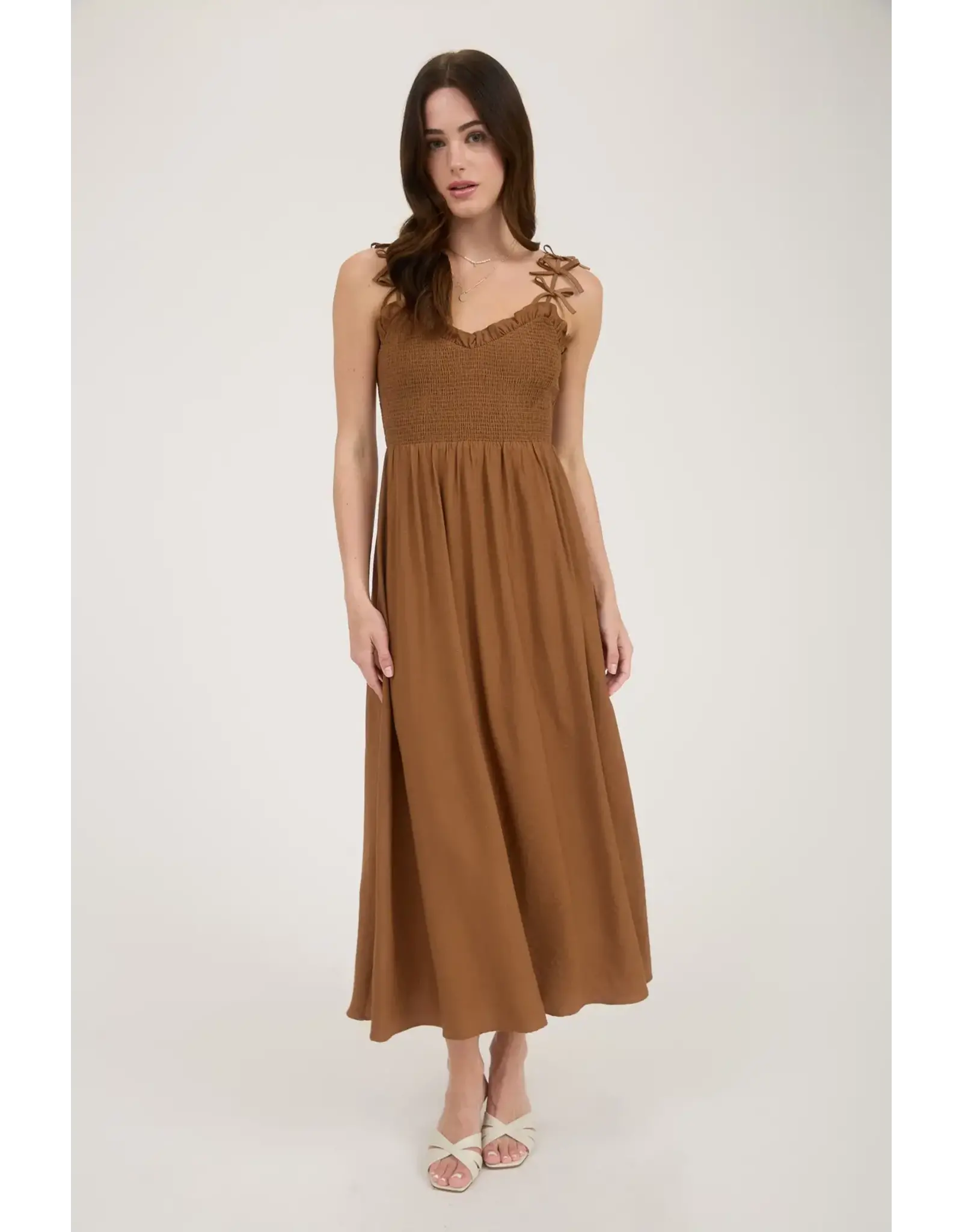 BOW STRAP SMOCKED MIDI DRESS
