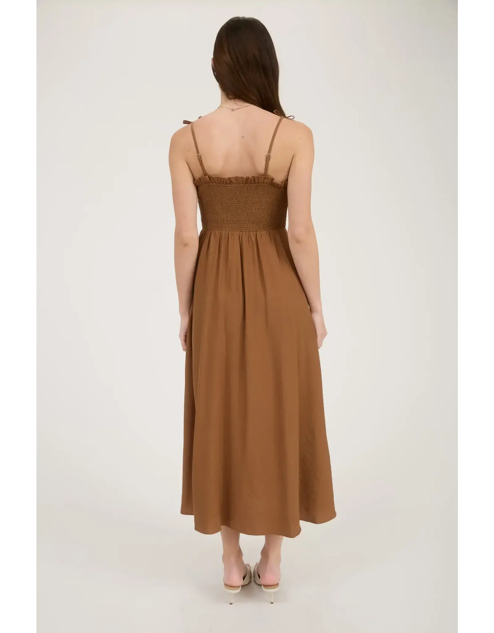 BOW STRAP SMOCKED MIDI DRESS
