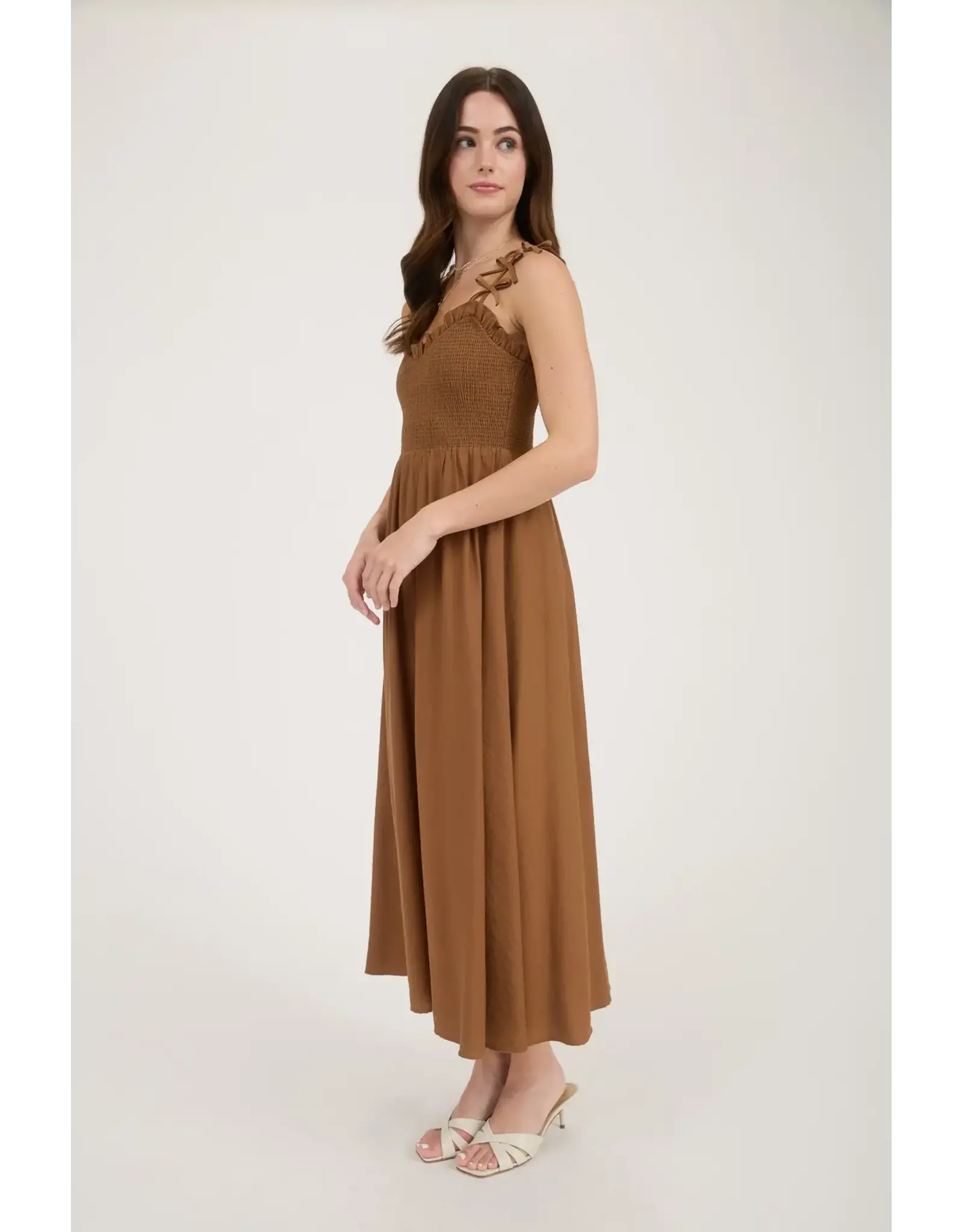 BOW STRAP SMOCKED MIDI DRESS