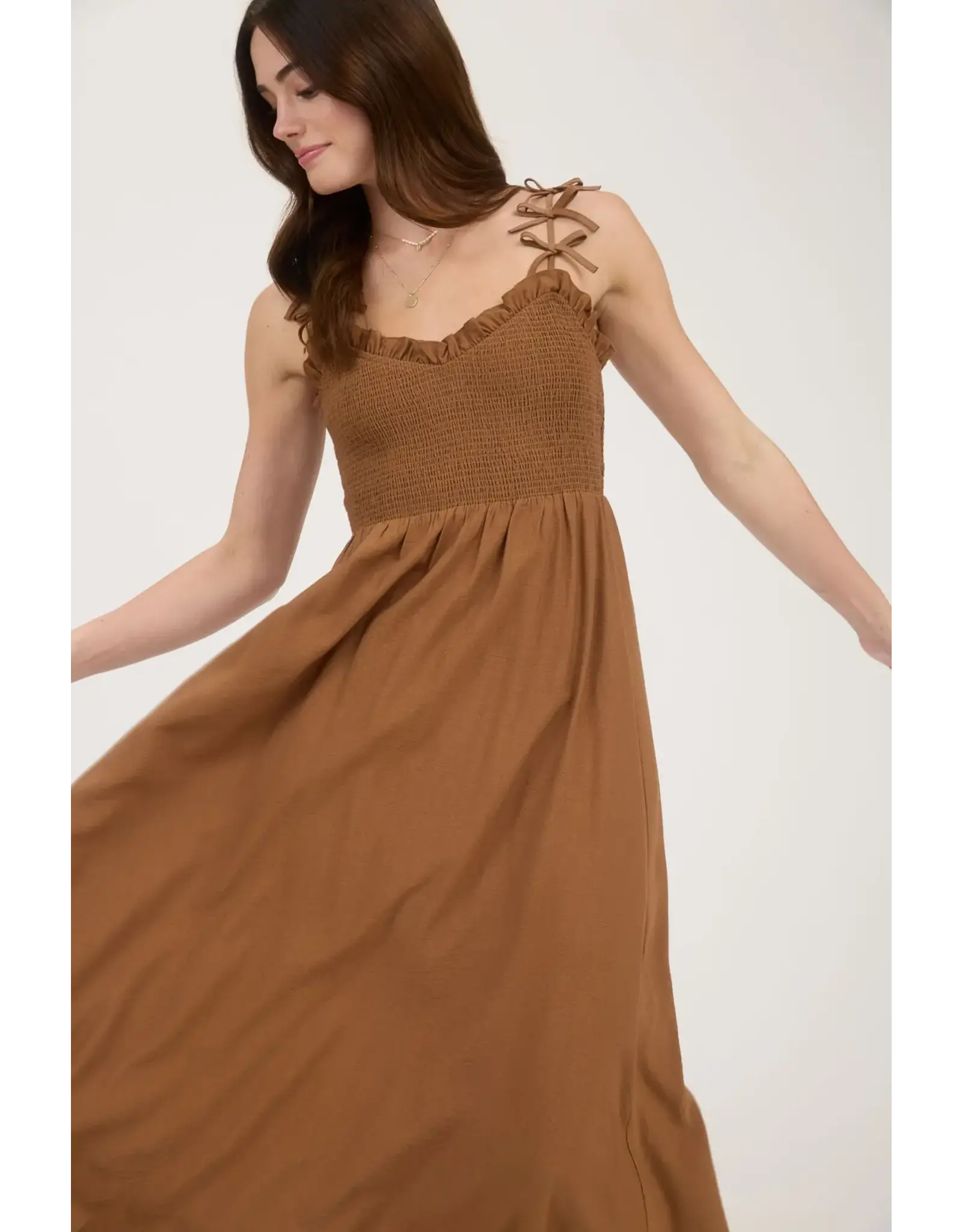 BOW STRAP SMOCKED MIDI DRESS