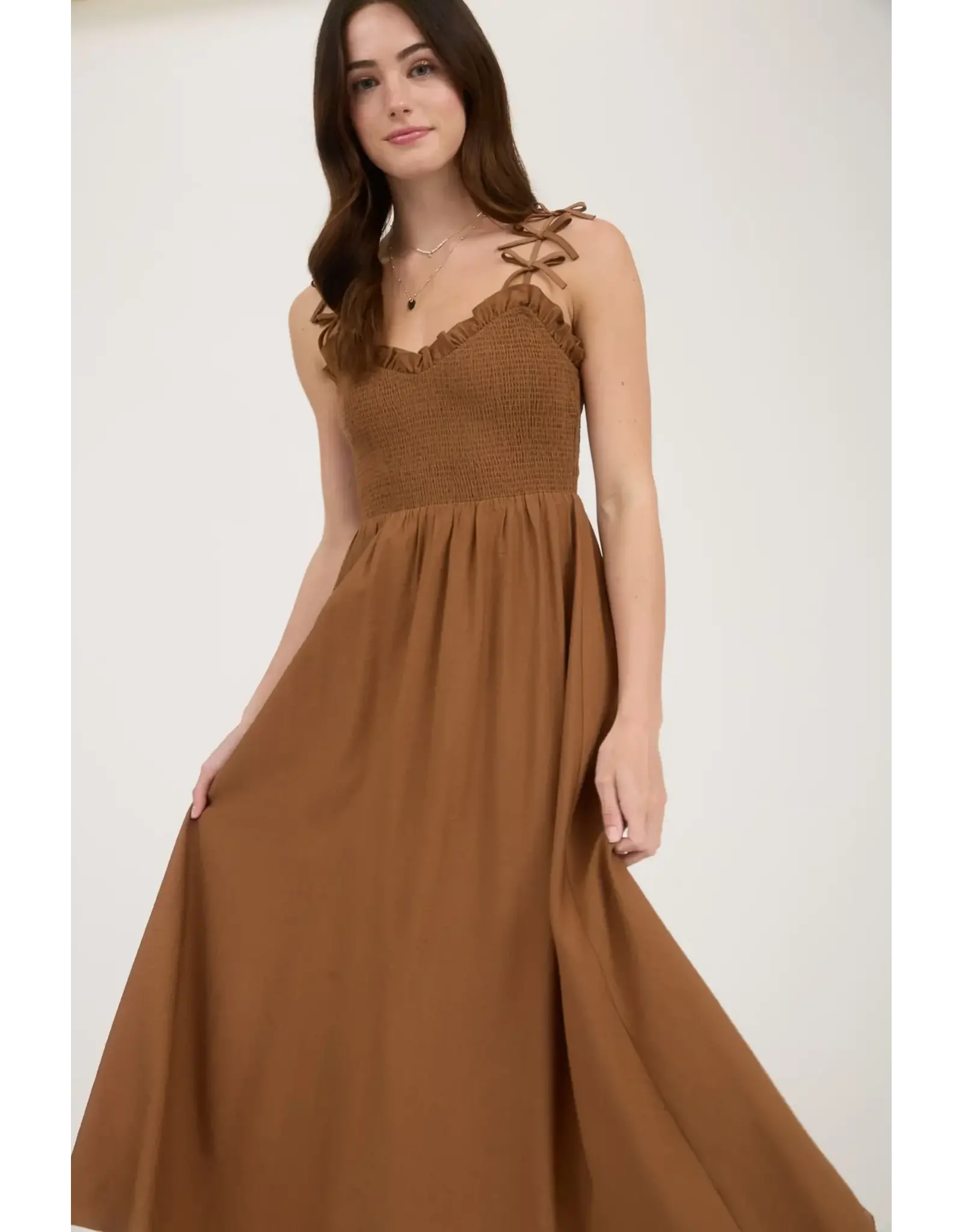 BOW STRAP SMOCKED MIDI DRESS