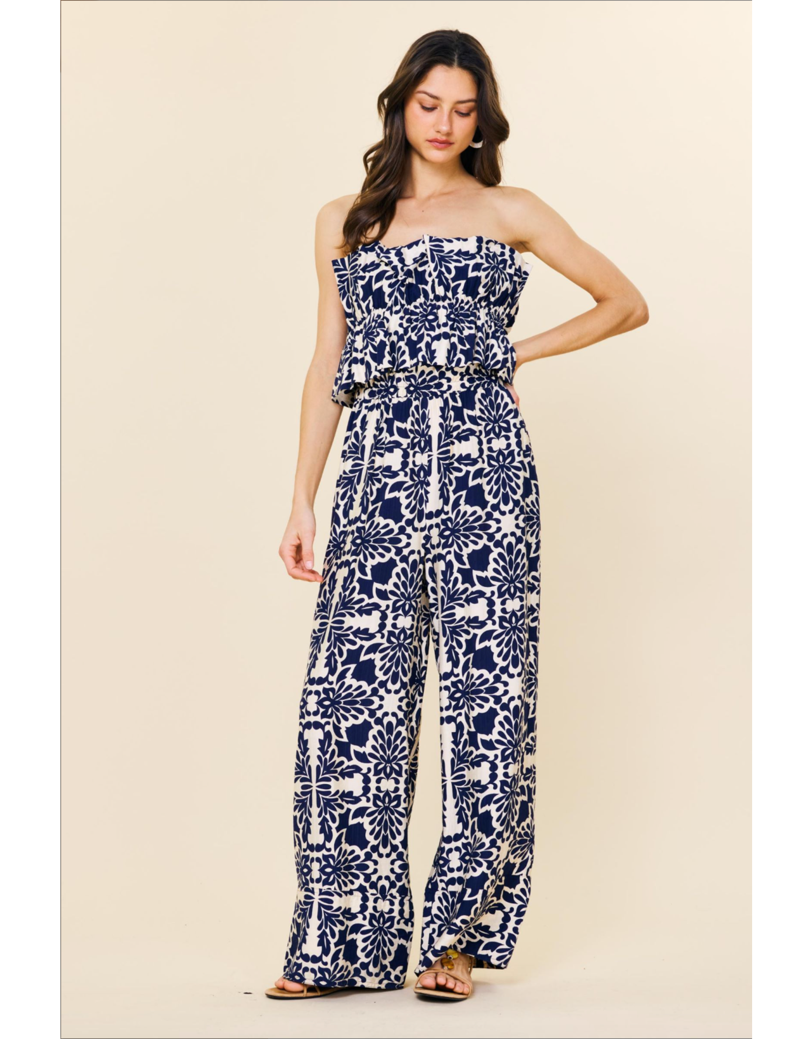 PRINTED STRAPLESS JUMPSUIT