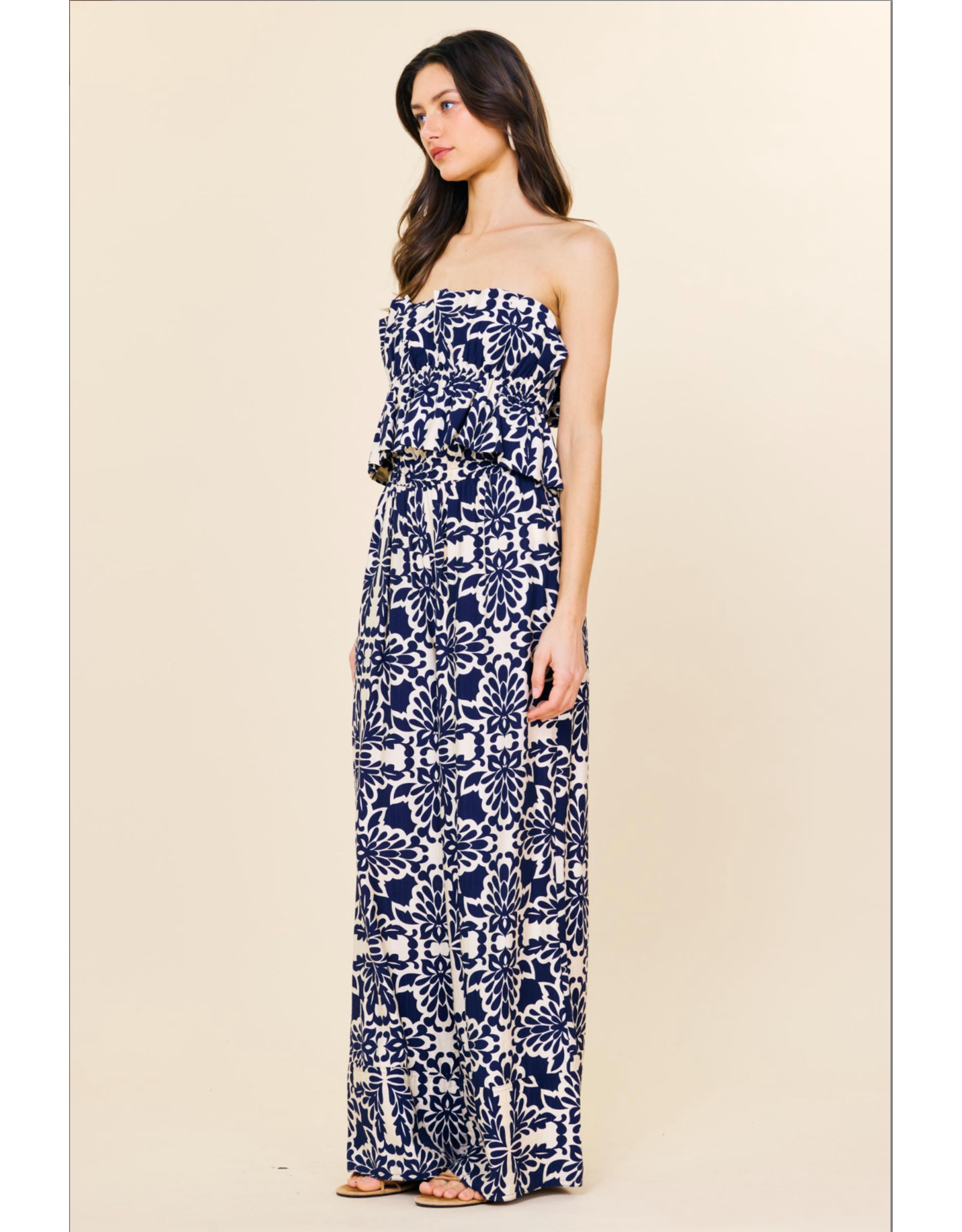 PRINTED STRAPLESS JUMPSUIT