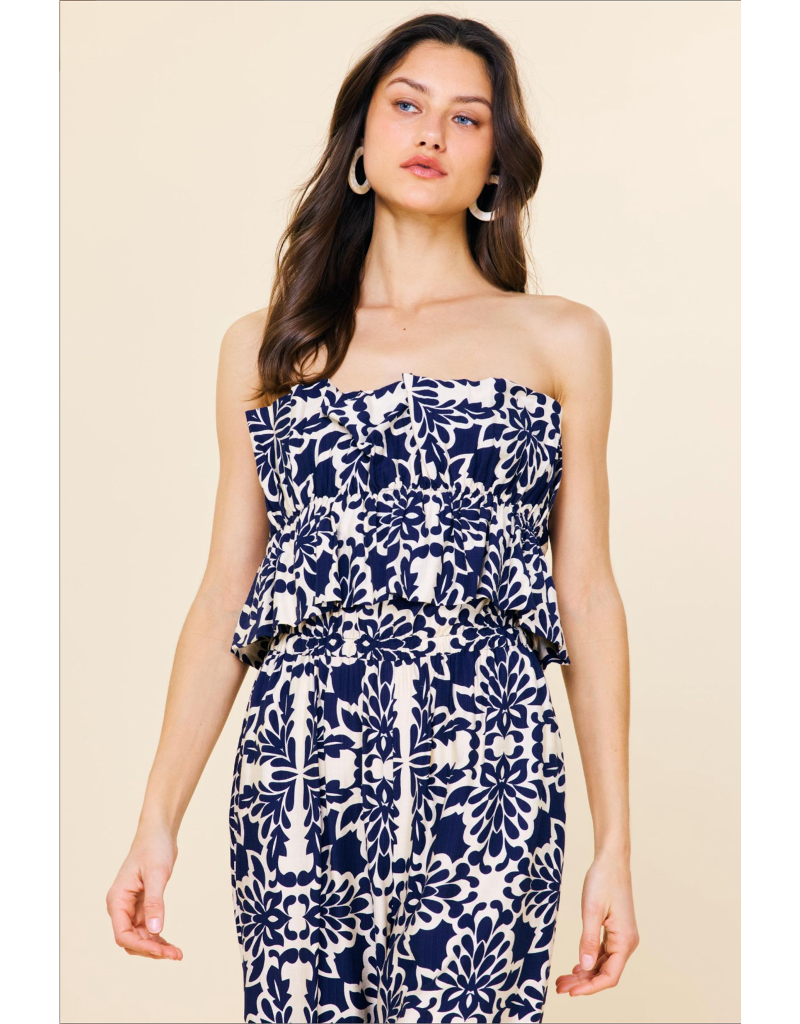PRINTED STRAPLESS JUMPSUIT