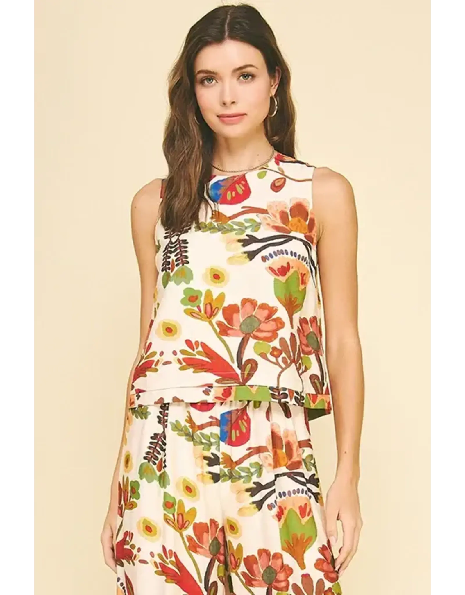 FLORAL SLVLESS TOP W/BUTTON DETAIL