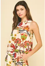 FLORAL SLVLESS TOP W/BUTTON DETAIL