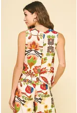 FLORAL SLVLESS TOP W/BUTTON DETAIL