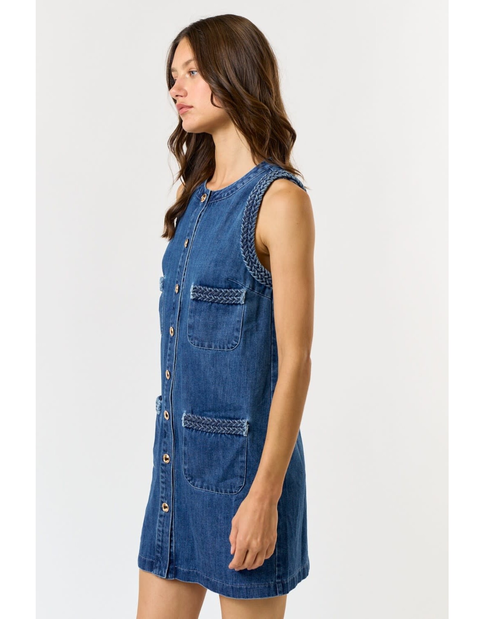SLVLESS DENIM DRESS W/BRAIDED DETAIL