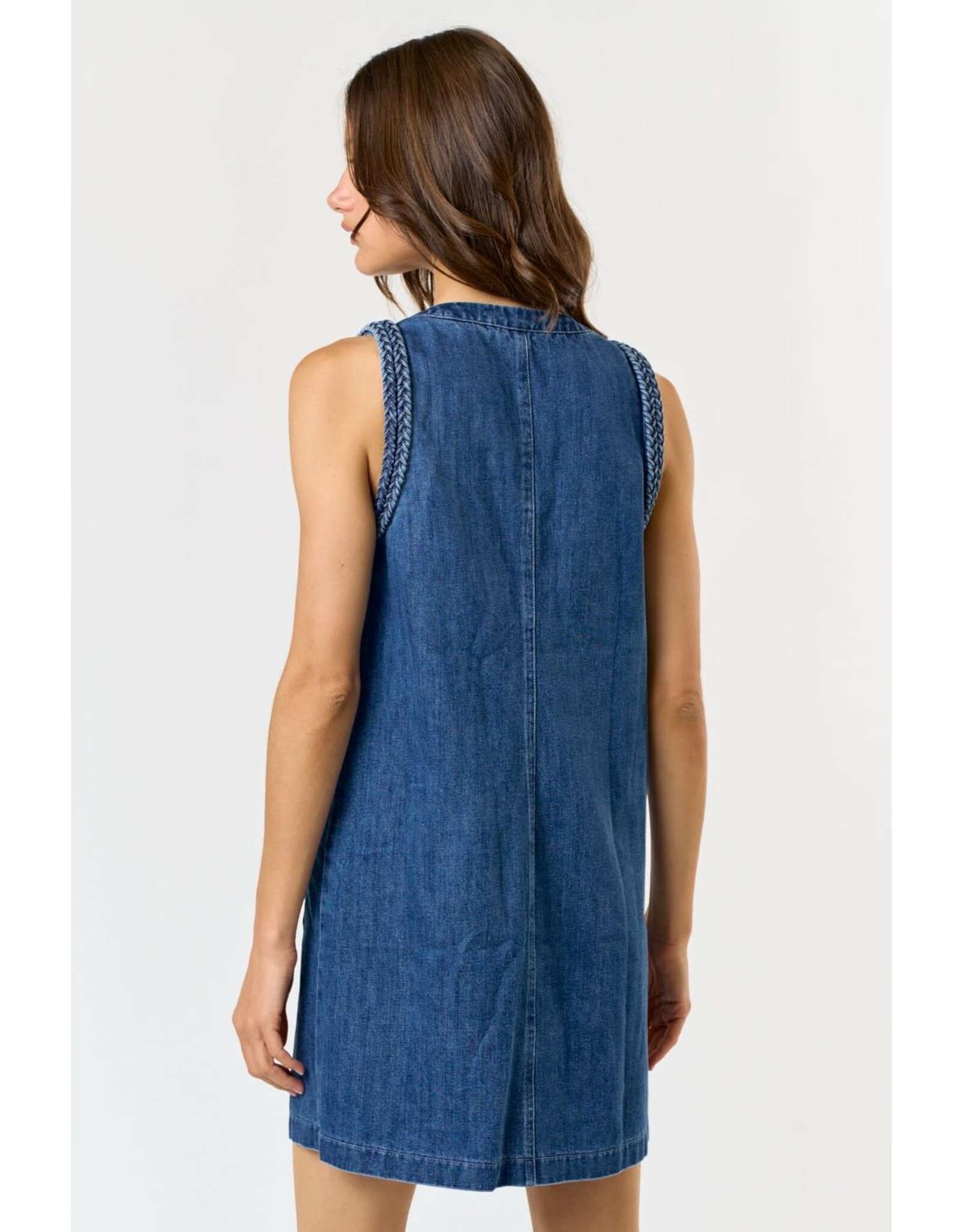 SLVLESS DENIM DRESS W/BRAIDED DETAIL