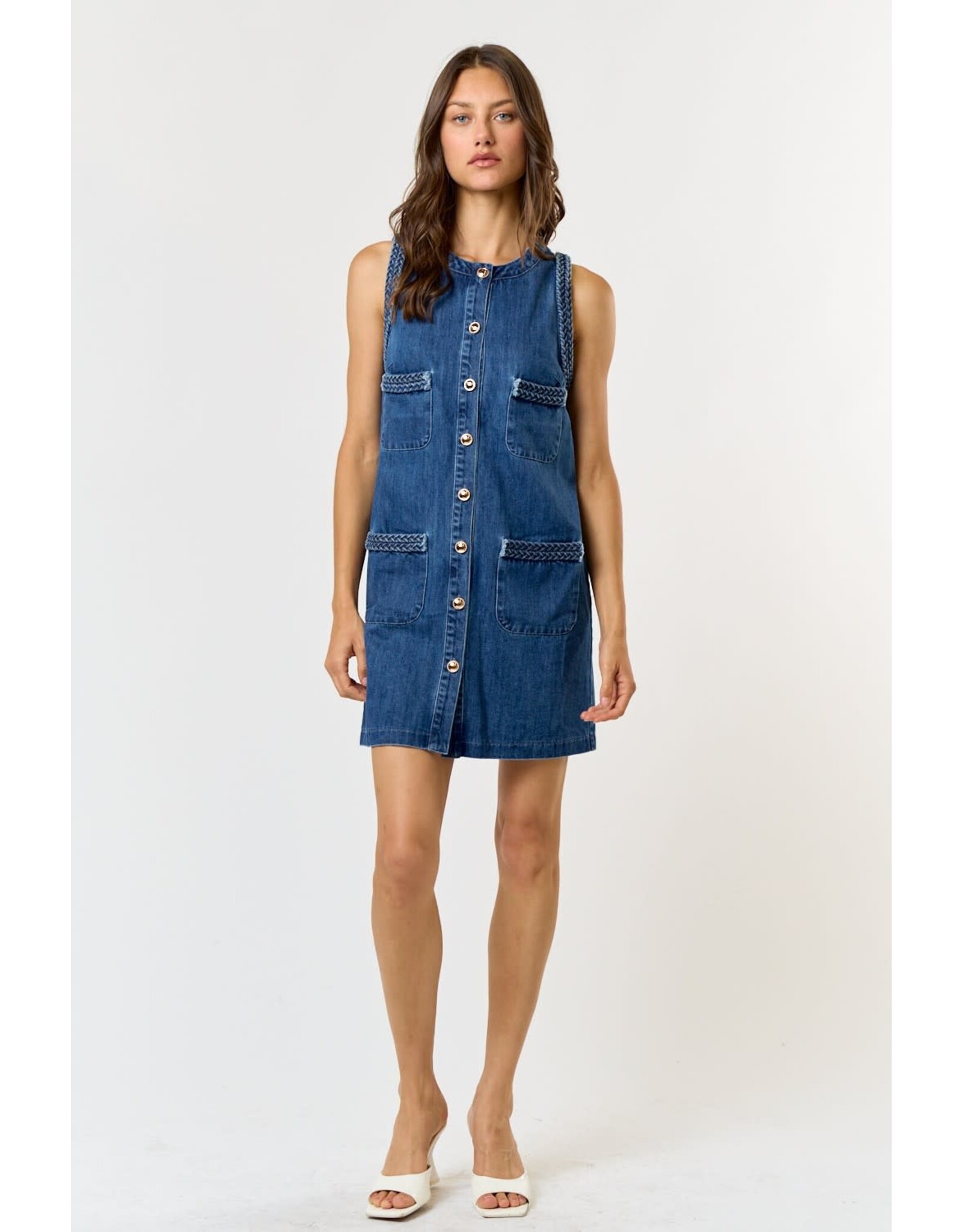SLVLESS DENIM DRESS W/BRAIDED DETAIL