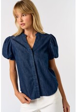 DENIM PUFF SLEEVE VNECK BLOUSE