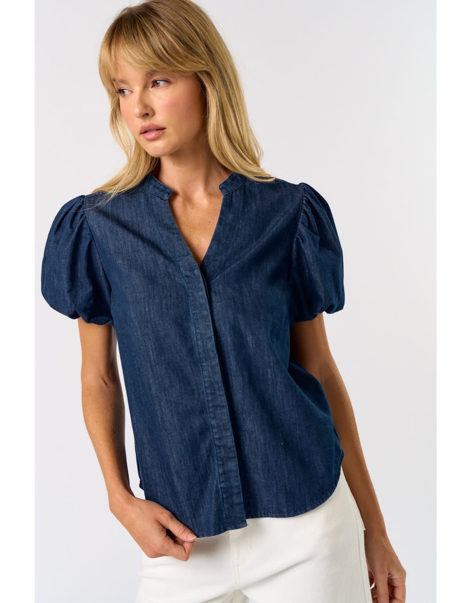 DENIM PUFF SLEEVE VNECK BLOUSE