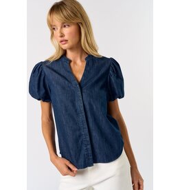DENIM PUFF SLEEVE VNECK BLOUSE
