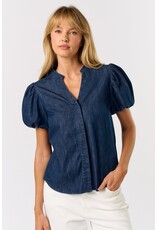 DENIM PUFF SLEEVE VNECK BLOUSE