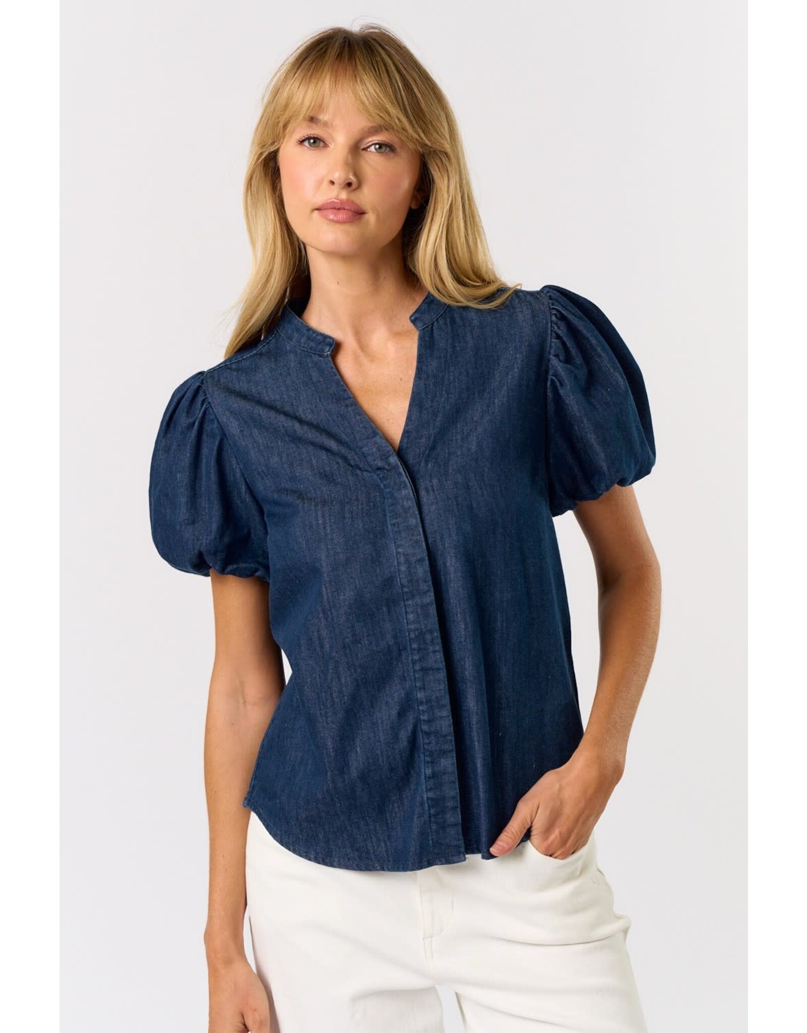 DENIM PUFF SLEEVE VNECK BLOUSE