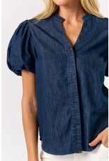 DENIM PUFF SLEEVE VNECK BLOUSE