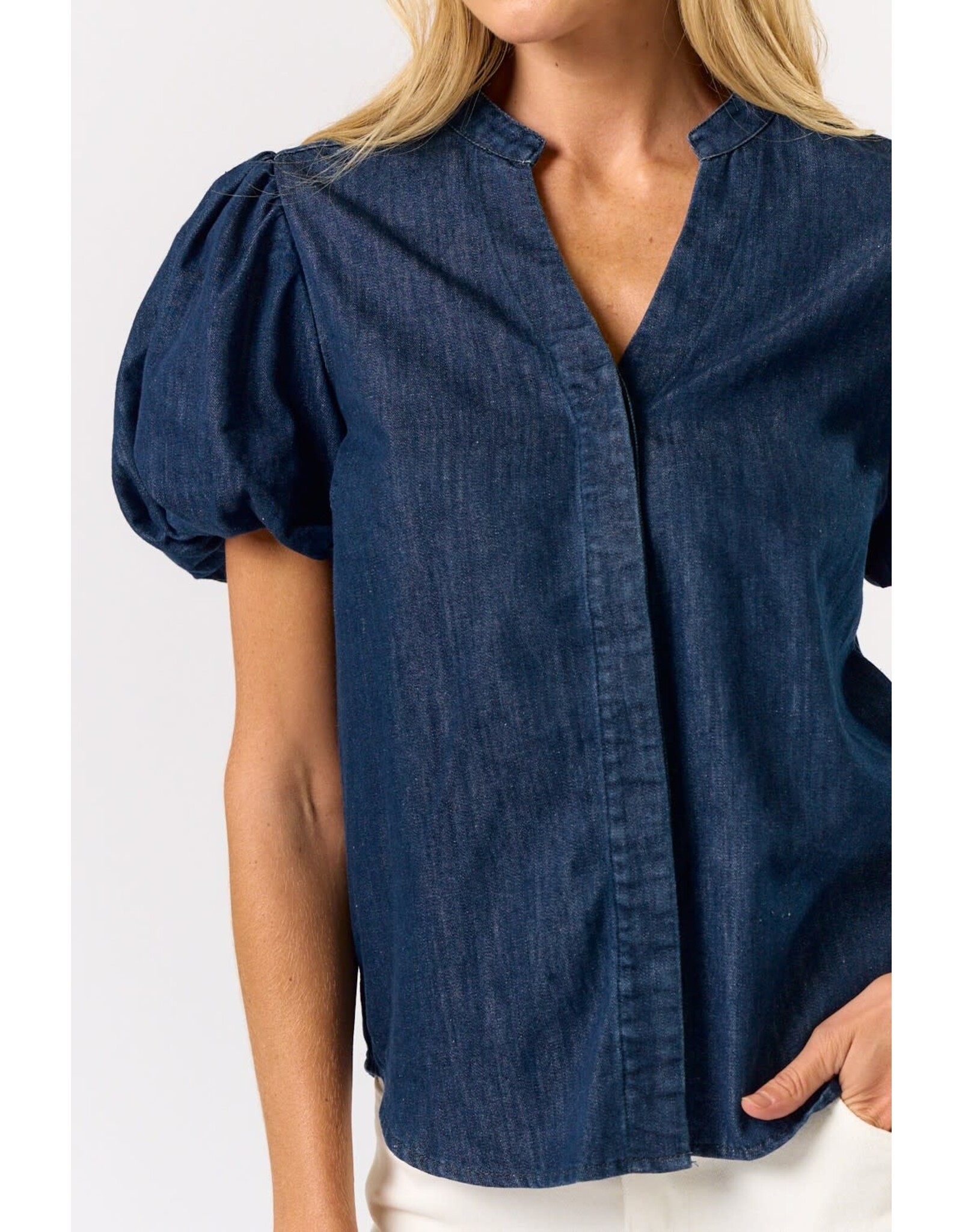 DENIM PUFF SLEEVE VNECK BLOUSE