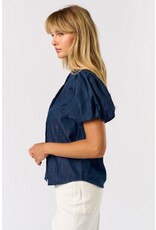 DENIM PUFF SLEEVE VNECK BLOUSE