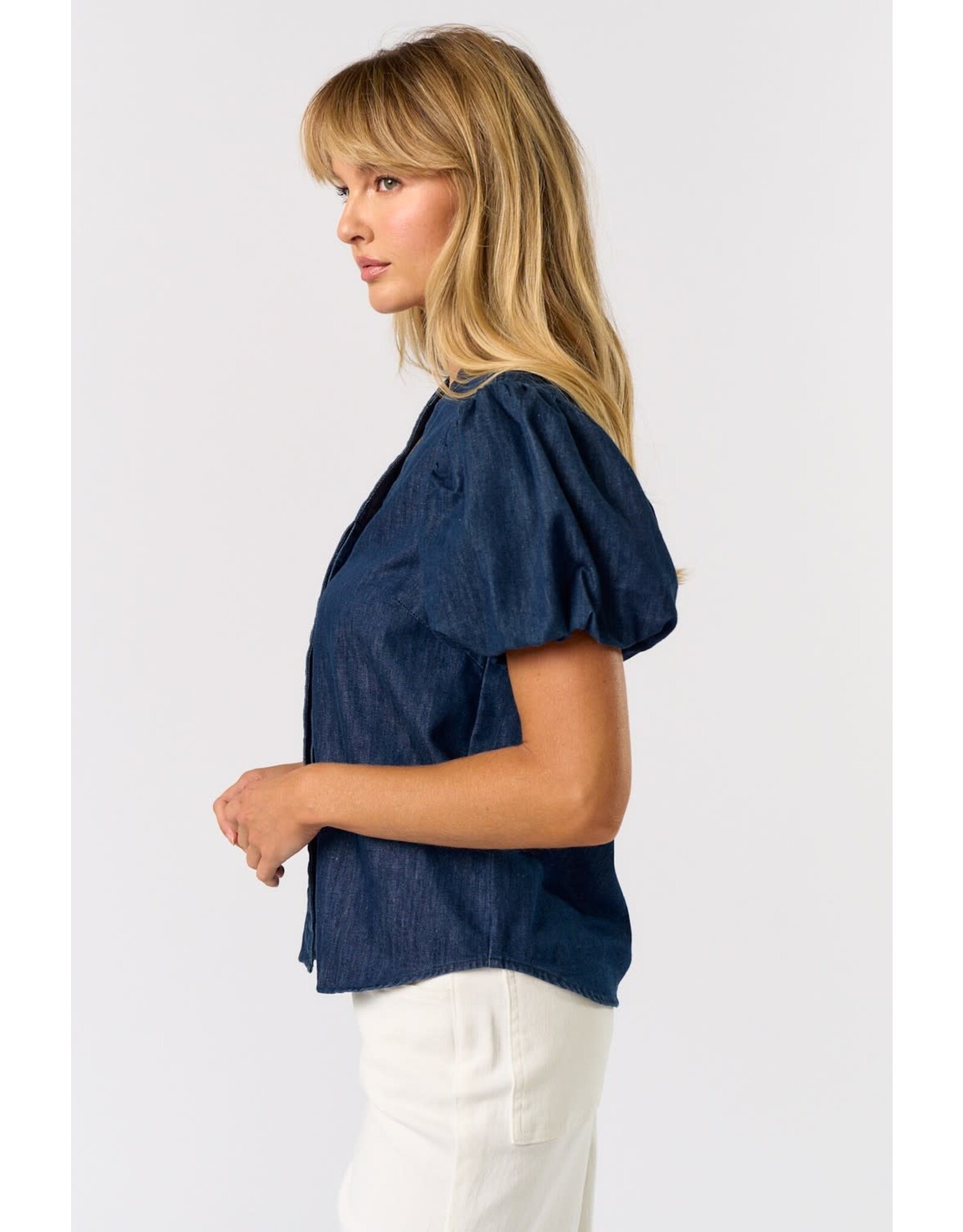 DENIM PUFF SLEEVE VNECK BLOUSE